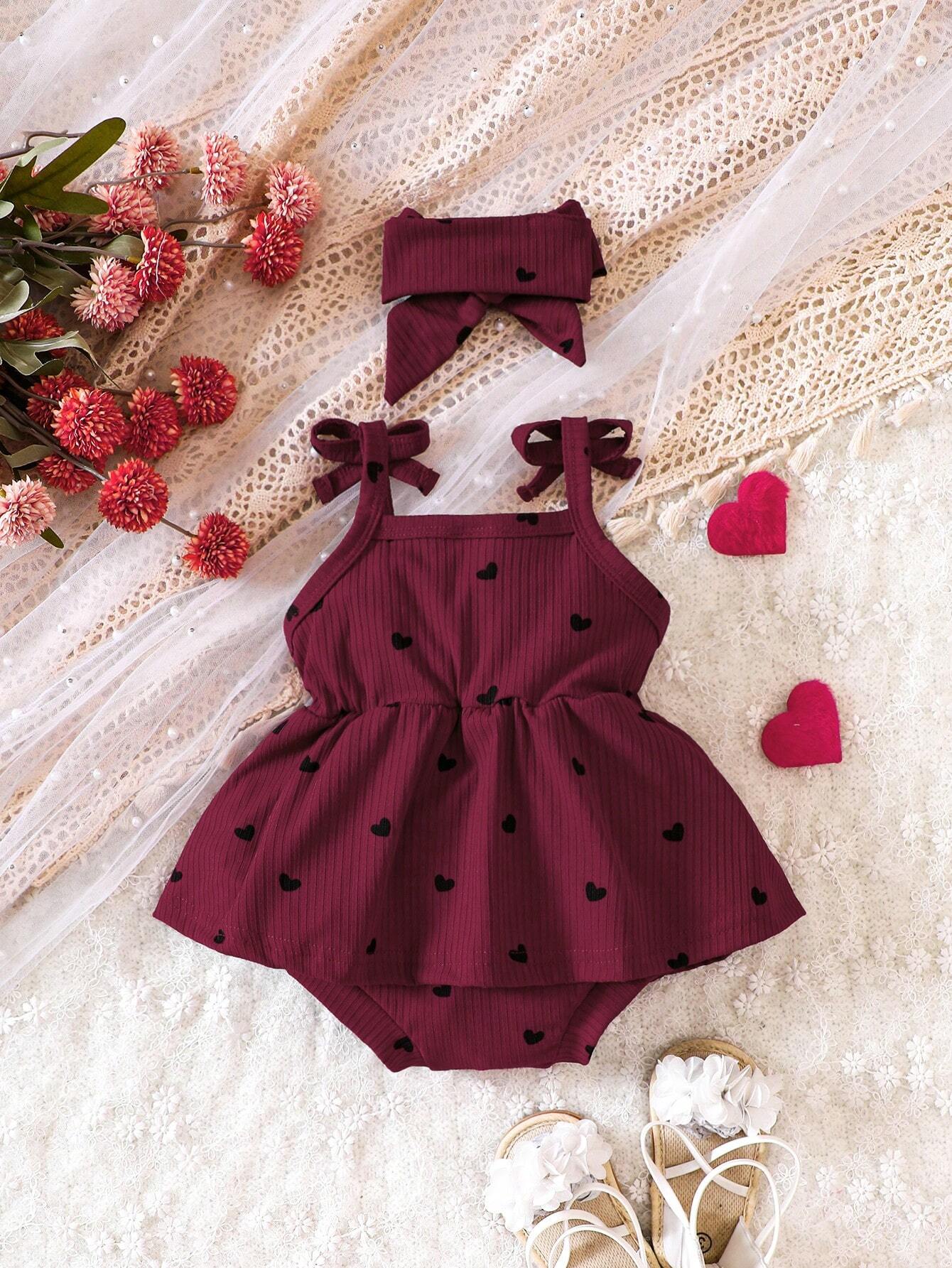 Buy SHEIN Baby Girl Heart Print Bow Shoulder Cami Combo Bodysuit Dress & Headband in Pakistan