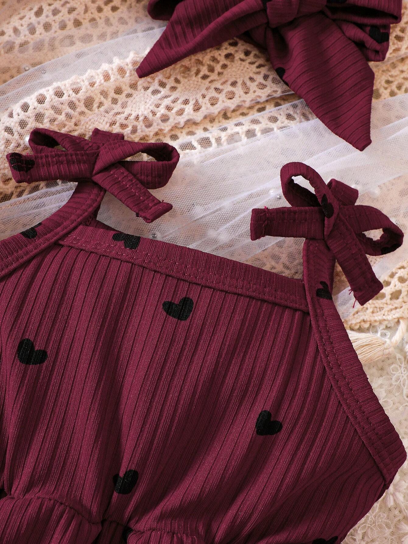 Buy SHEIN Baby Girl Heart Print Bow Shoulder Cami Combo Bodysuit Dress & Headband in Pakistan