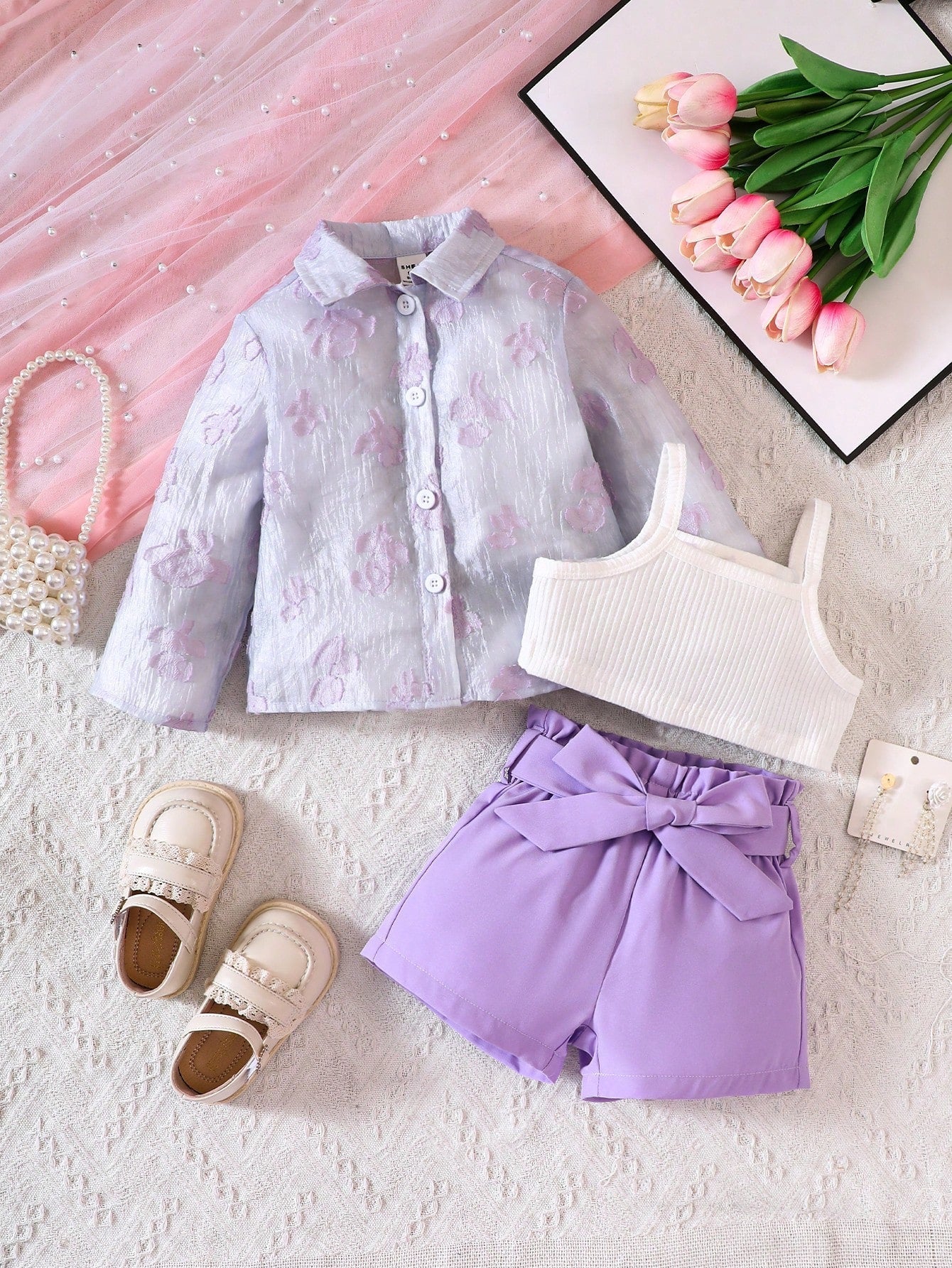 Buy SHEIN Baby Girl Jacquard Shirt & Cami Top & Shorts in Pakistan