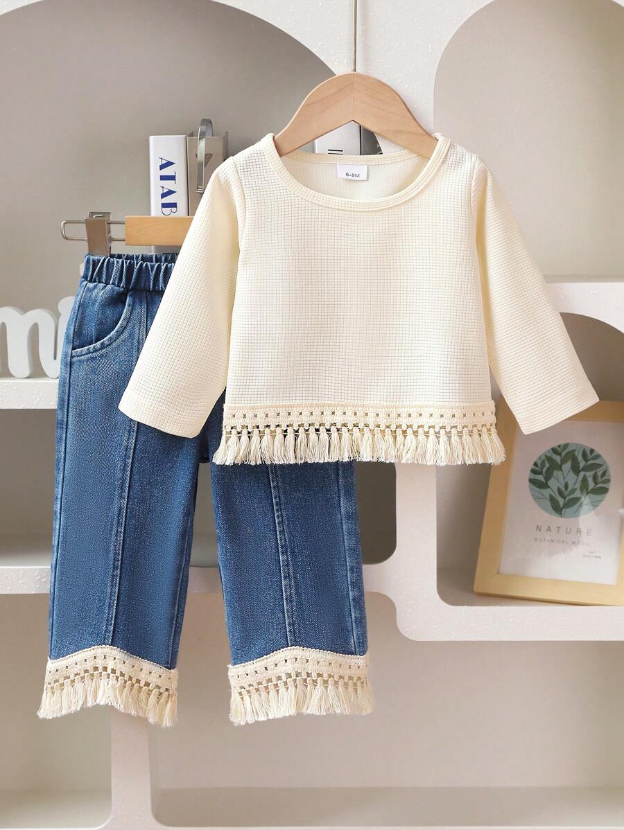 Buy SHEIN Baby Girl Solid Color Fringed Long Sleeve Top And Fringe Denim Pants Set in Pakistan