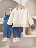 Buy SHEIN Baby Girl Solid Color Fringed Long Sleeve Top And Fringe Denim Pants Set in Pakistan