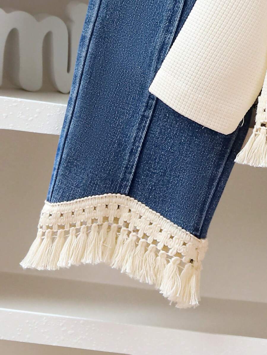 Buy SHEIN Baby Girl Solid Color Fringed Long Sleeve Top And Fringe Denim Pants Set in Pakistan