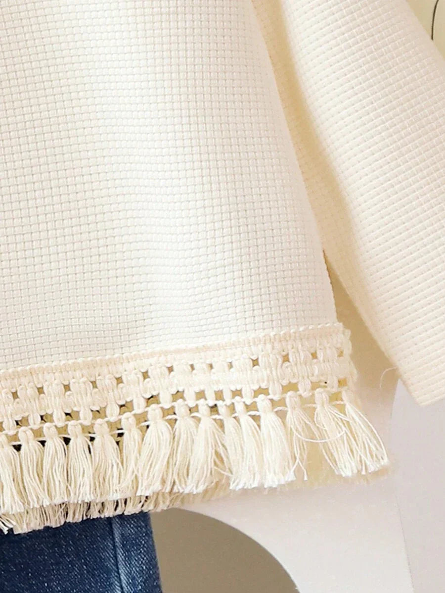 Buy SHEIN Baby Girl Solid Color Fringed Long Sleeve Top And Fringe Denim Pants Set in Pakistan