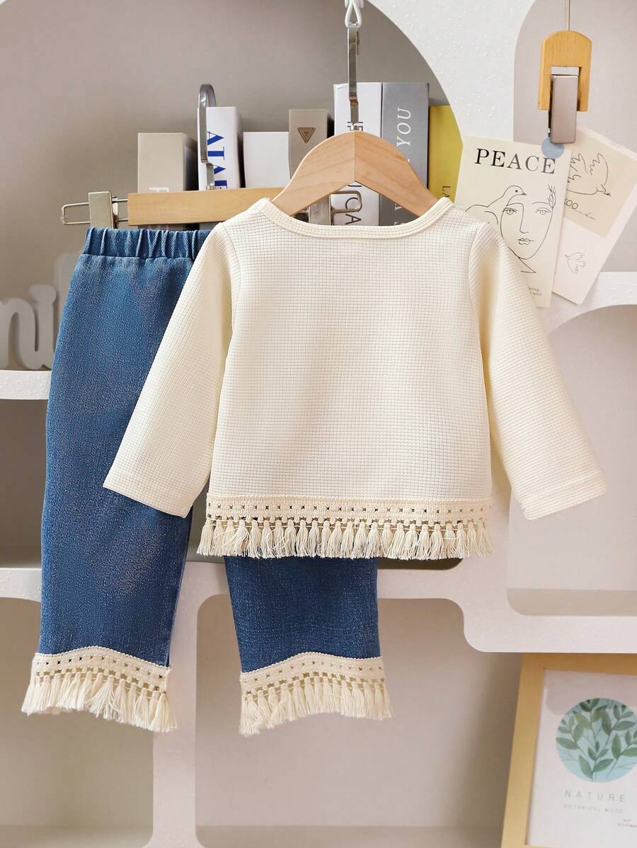 Buy SHEIN Baby Girl Solid Color Fringed Long Sleeve Top And Fringe Denim Pants Set in Pakistan