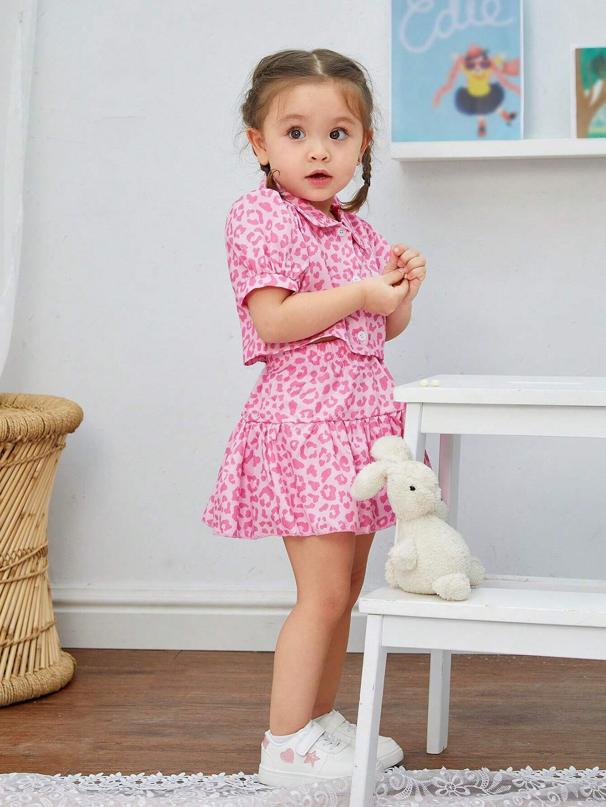 Buy SHEIN Baby Girls' Pink Leopard Print Shirt With Skirt Set For Spring/Summer in Pakistan