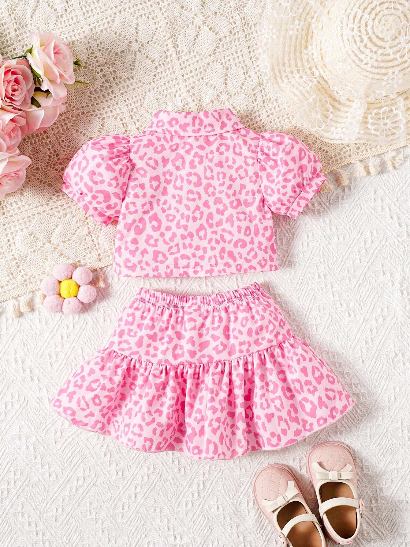 Buy SHEIN Baby Girls' Pink Leopard Print Shirt With Skirt Set For Spring/Summer in Pakistan