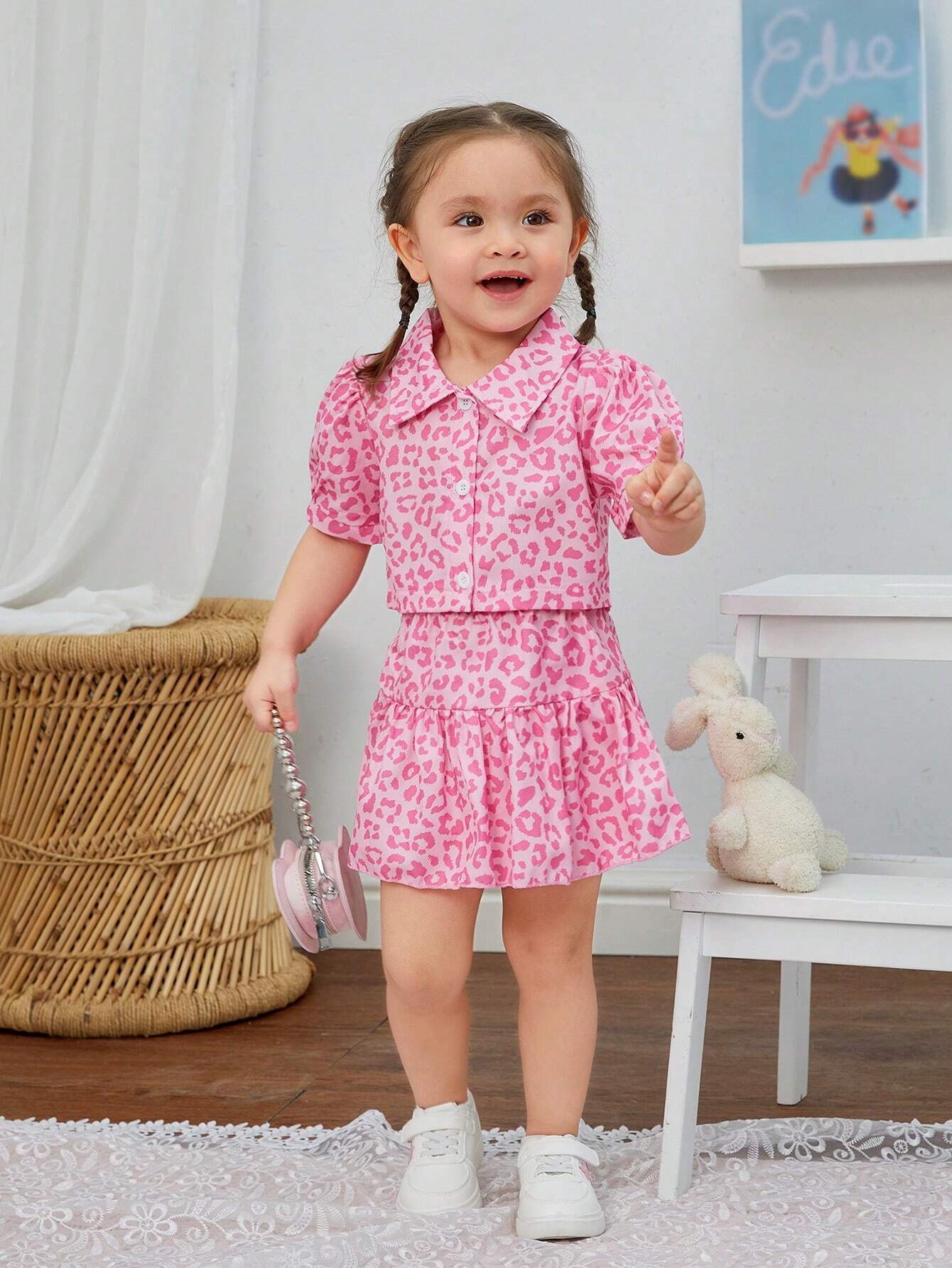 Buy SHEIN Baby Girls' Pink Leopard Print Shirt With Skirt Set For Spring/Summer in Pakistan