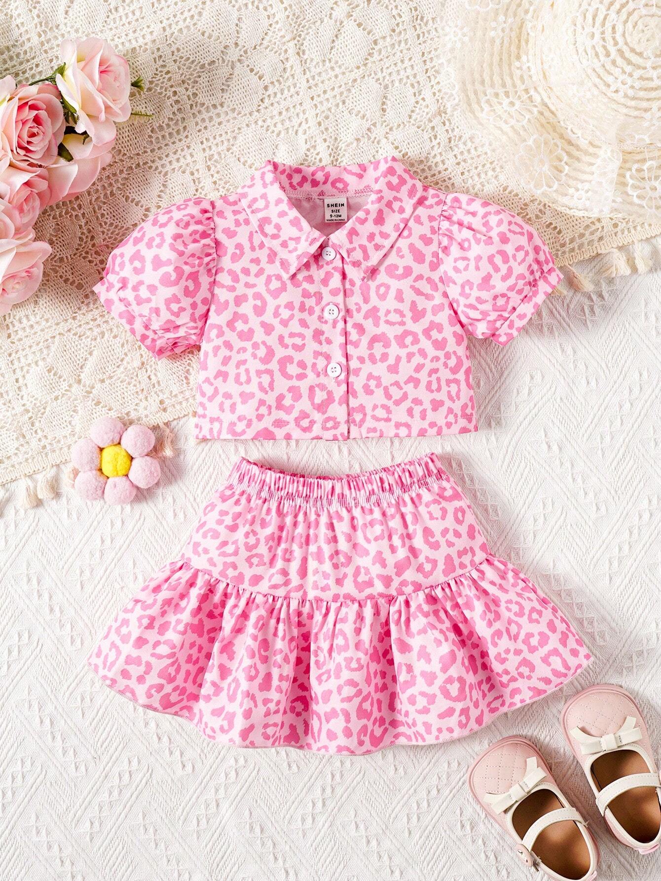 Buy SHEIN Baby Girls' Pink Leopard Print Shirt With Skirt Set For Spring/Summer in Pakistan