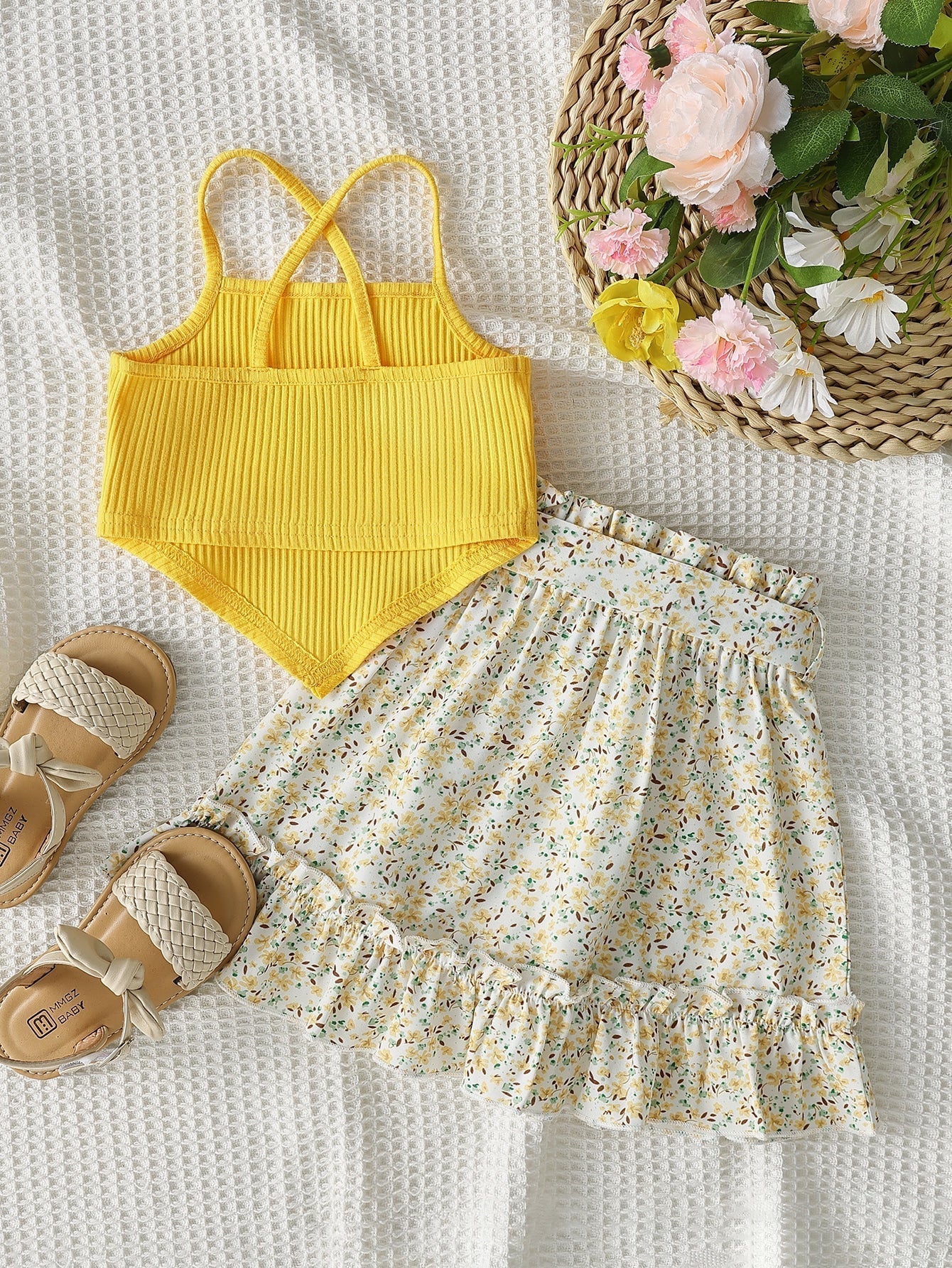 Buy SHEIN Baby Hanky Hem Cami Top & Ditsy Floral Print Paperbag Waist Belted Skirt in Pakistan