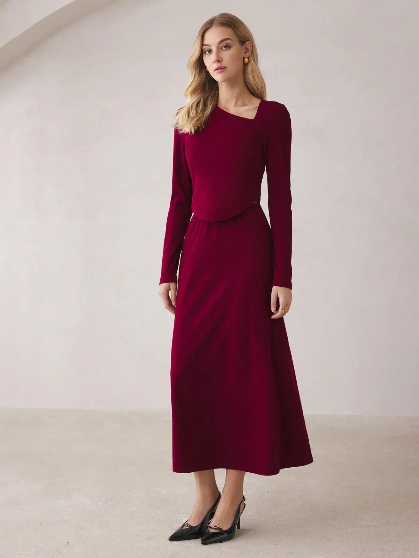 Buy SHEIN BizChic Red Set Long Sleeve T-Shirt And Maxi Skirt in Pakistan