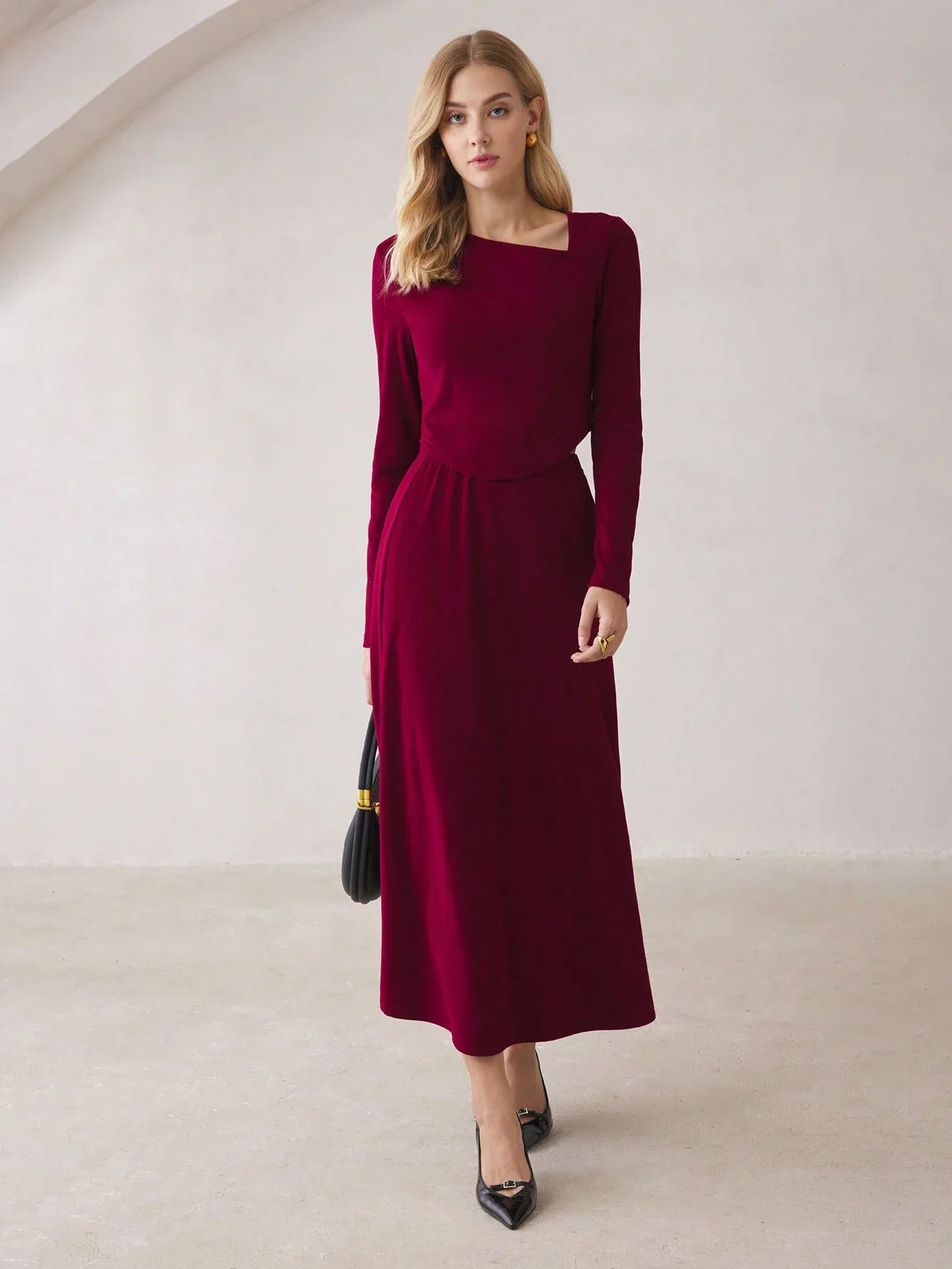 Buy SHEIN BizChic Red Set Long Sleeve T-Shirt And Maxi Skirt in Pakistan