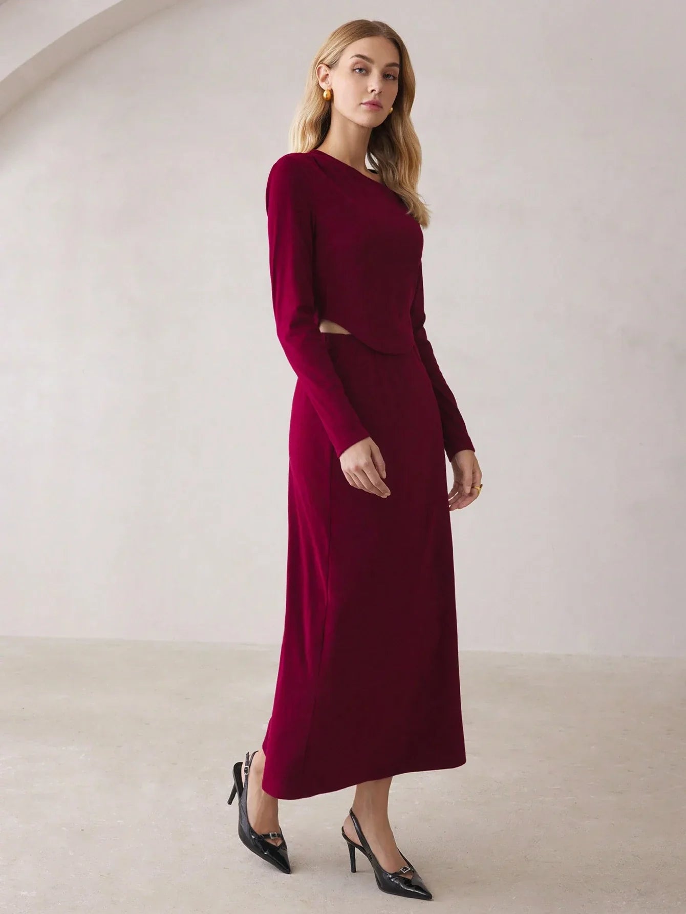 Buy SHEIN BizChic Red Set Long Sleeve T-Shirt And Maxi Skirt in Pakistan