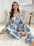 Buy SHEIN Blue & White Tree Print Lapel Collared Long Sleeve Pajama Set in Pakistan