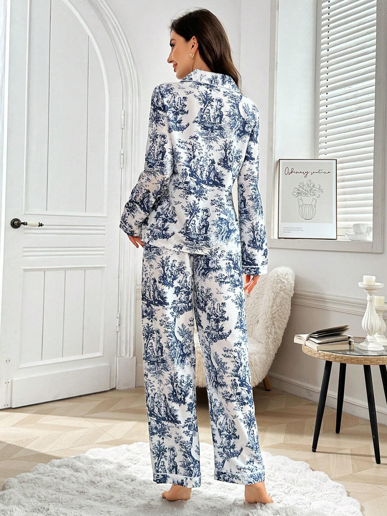 Buy SHEIN Blue & White Tree Print Lapel Collared Long Sleeve Pajama Set in Pakistan