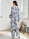 Buy SHEIN Blue & White Tree Print Lapel Collared Long Sleeve Pajama Set in Pakistan