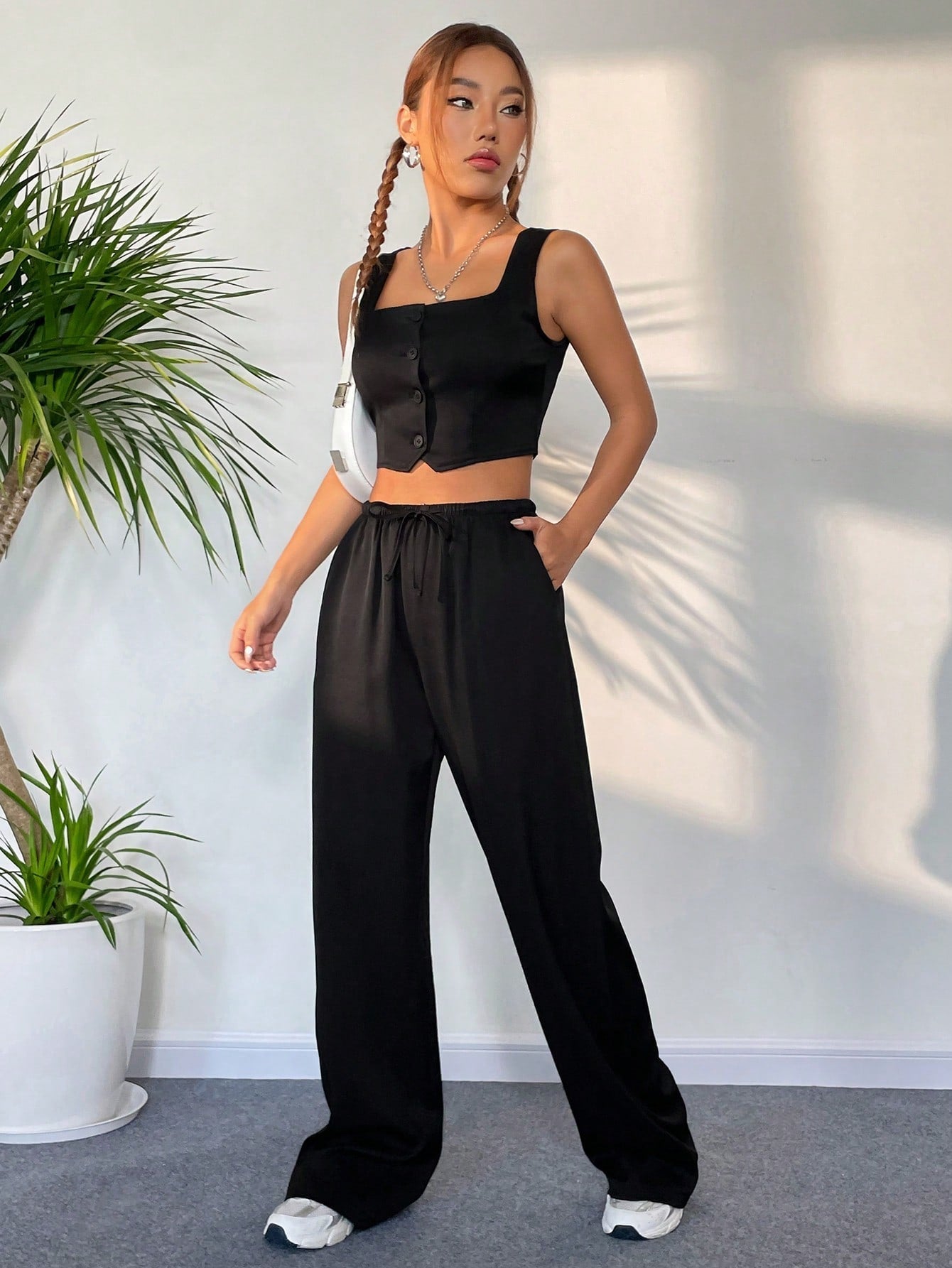 Buy SHEIN Button Front Tank Top & Wide Leg Pants in Pakistan