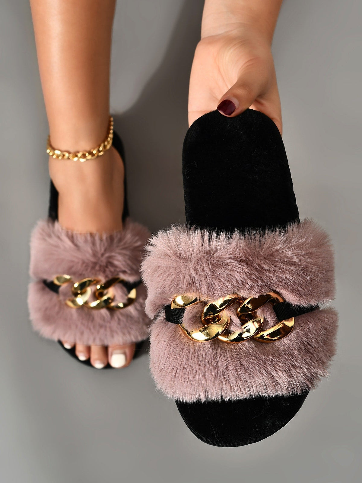 Buy SHEIN Chain Decor Fuzzy Slippers in Pakistan
