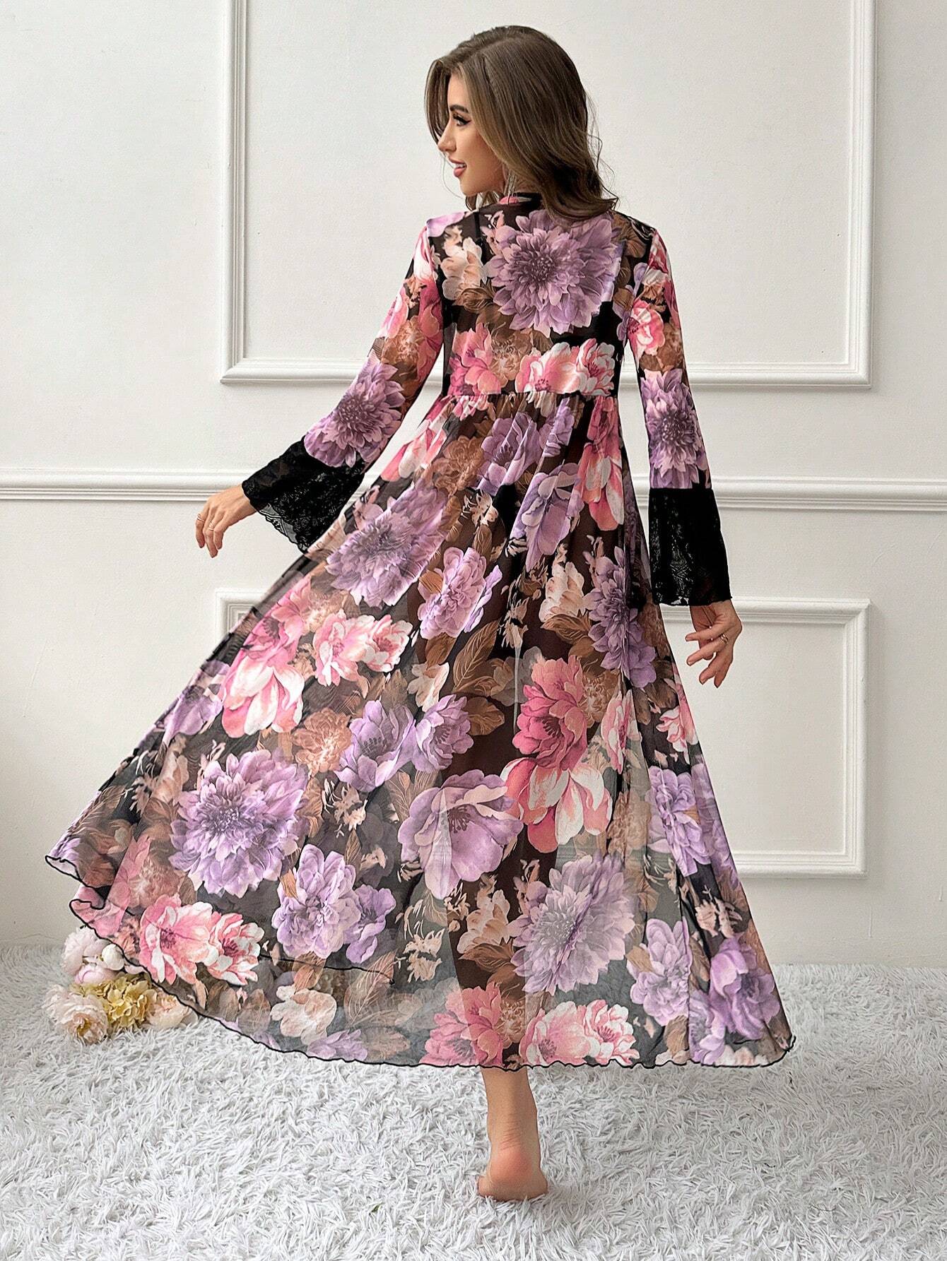 Buy SHEIN Color-Blocked Lace Wraps Tie Long Floral Sheer Nightgown in Pakistan