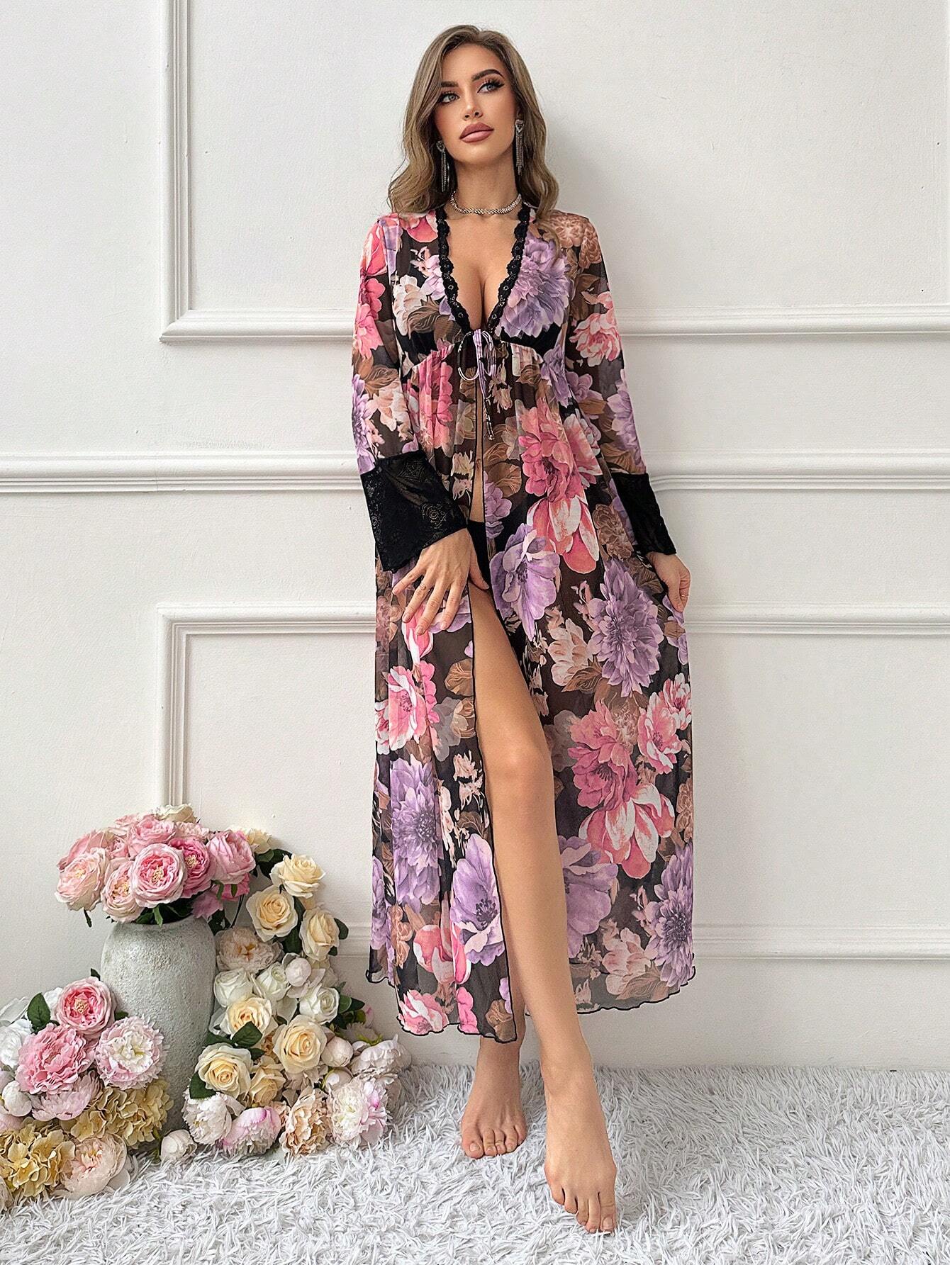 Buy SHEIN Color-Blocked Lace Wraps Tie Long Floral Sheer Nightgown in Pakistan