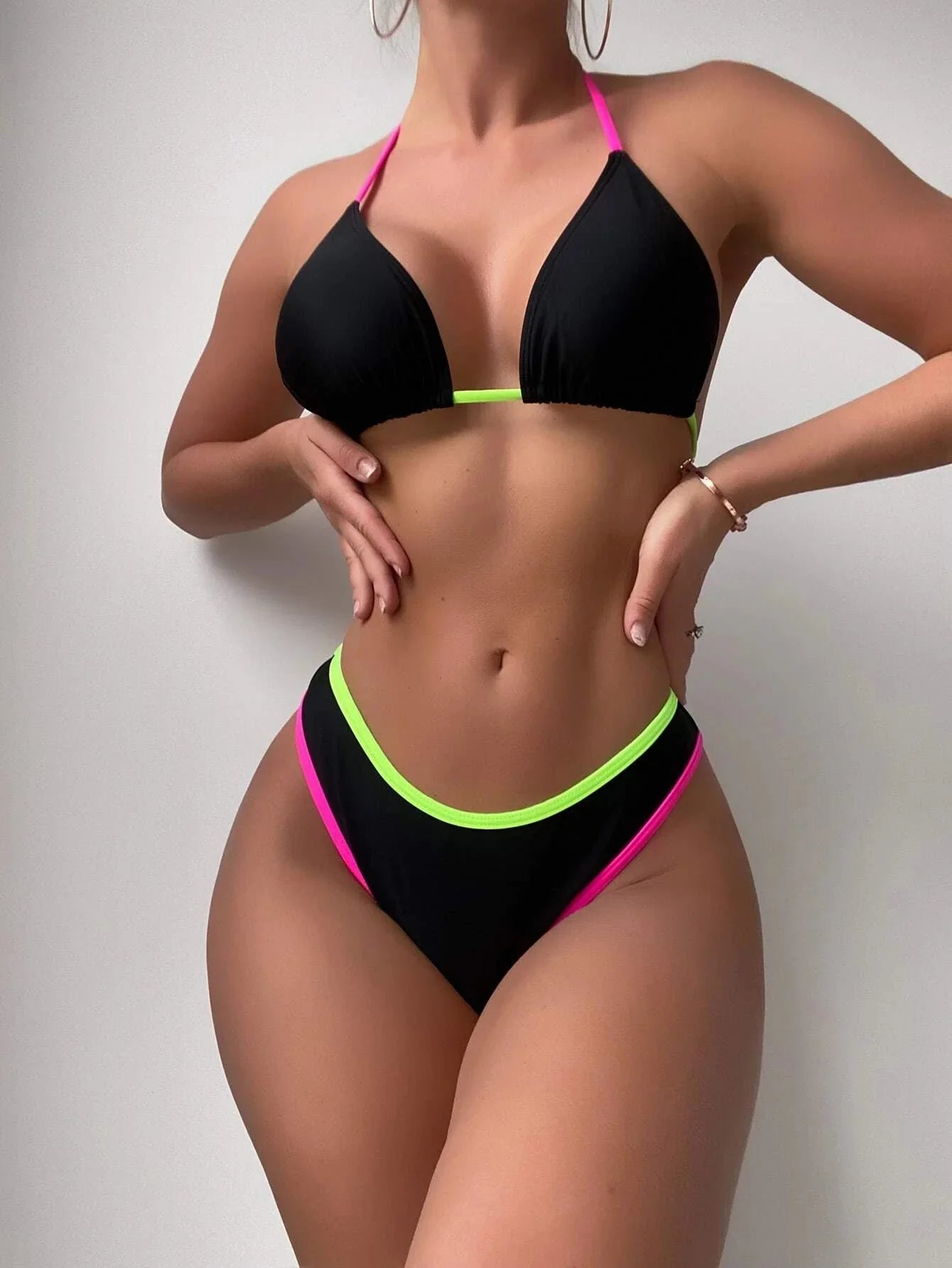 Buy SHEIN Contrast Binding Tie Back Halter Bikini Swimsuit in Pakistan