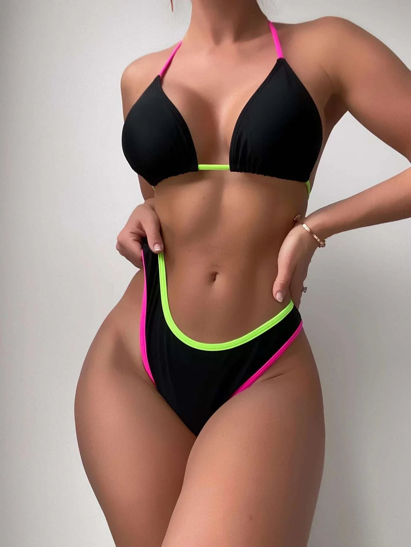 Buy SHEIN Contrast Binding Tie Back Halter Bikini Swimsuit in Pakistan