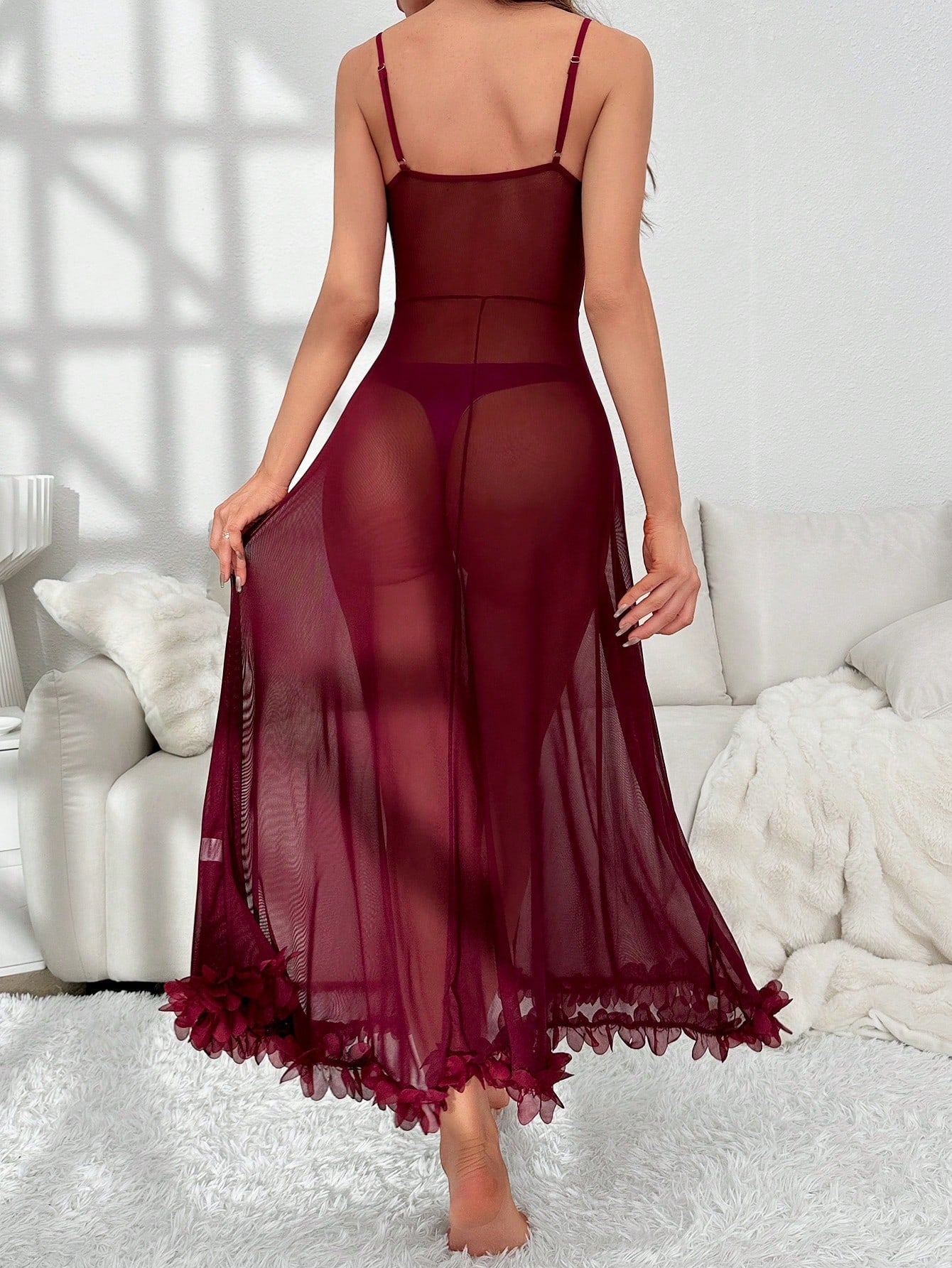 Buy SHEIN Contrast Lace Appliques Detail Mesh Cami Nightdress in Pakistan