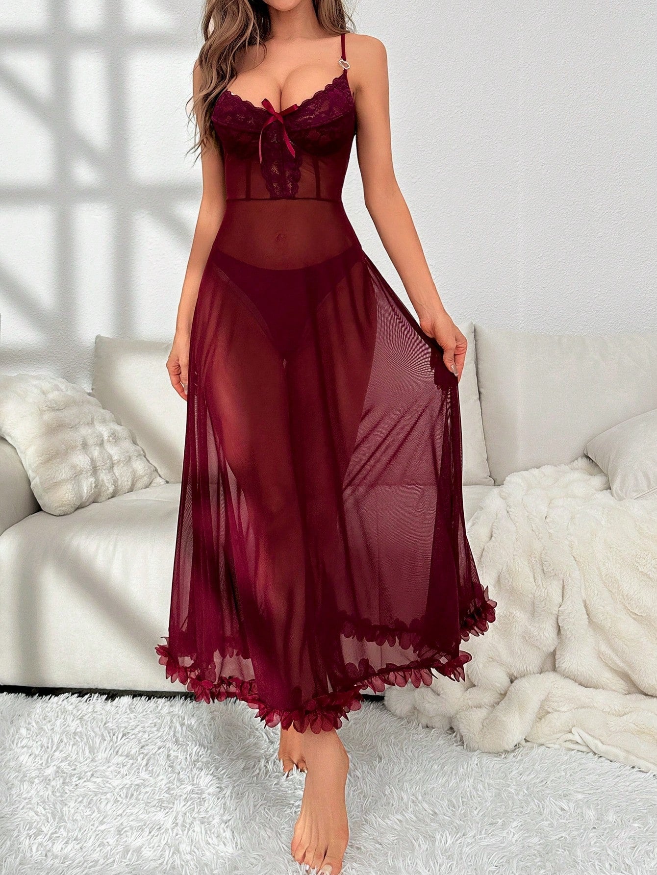 Buy SHEIN Contrast Lace Appliques Detail Mesh Cami Nightdress in Pakistan