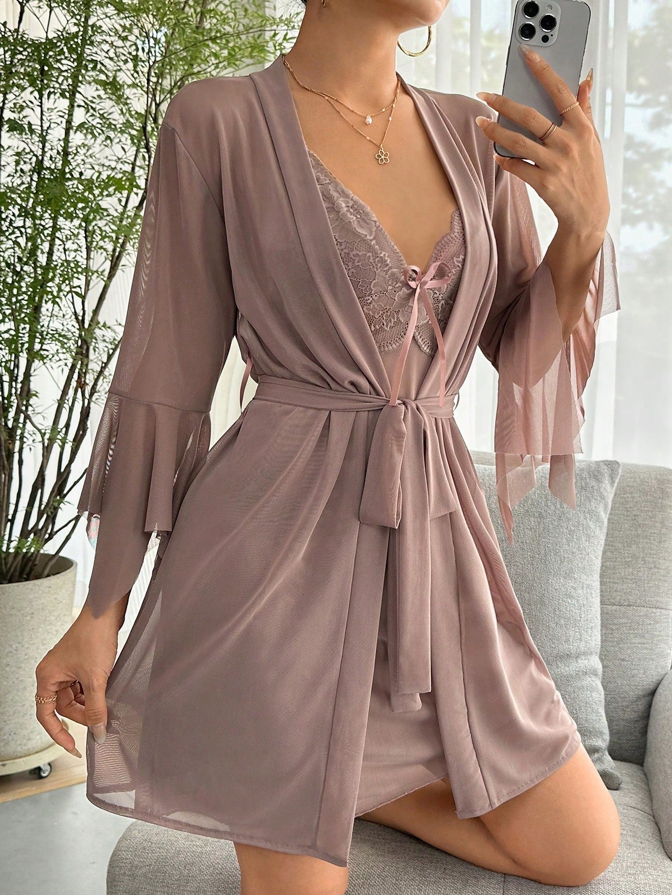 Buy SHEIN Contrast Lace Flounce Sleeve Bow Front Mesh Robe & Cami Dress PJ Set in Pakistan