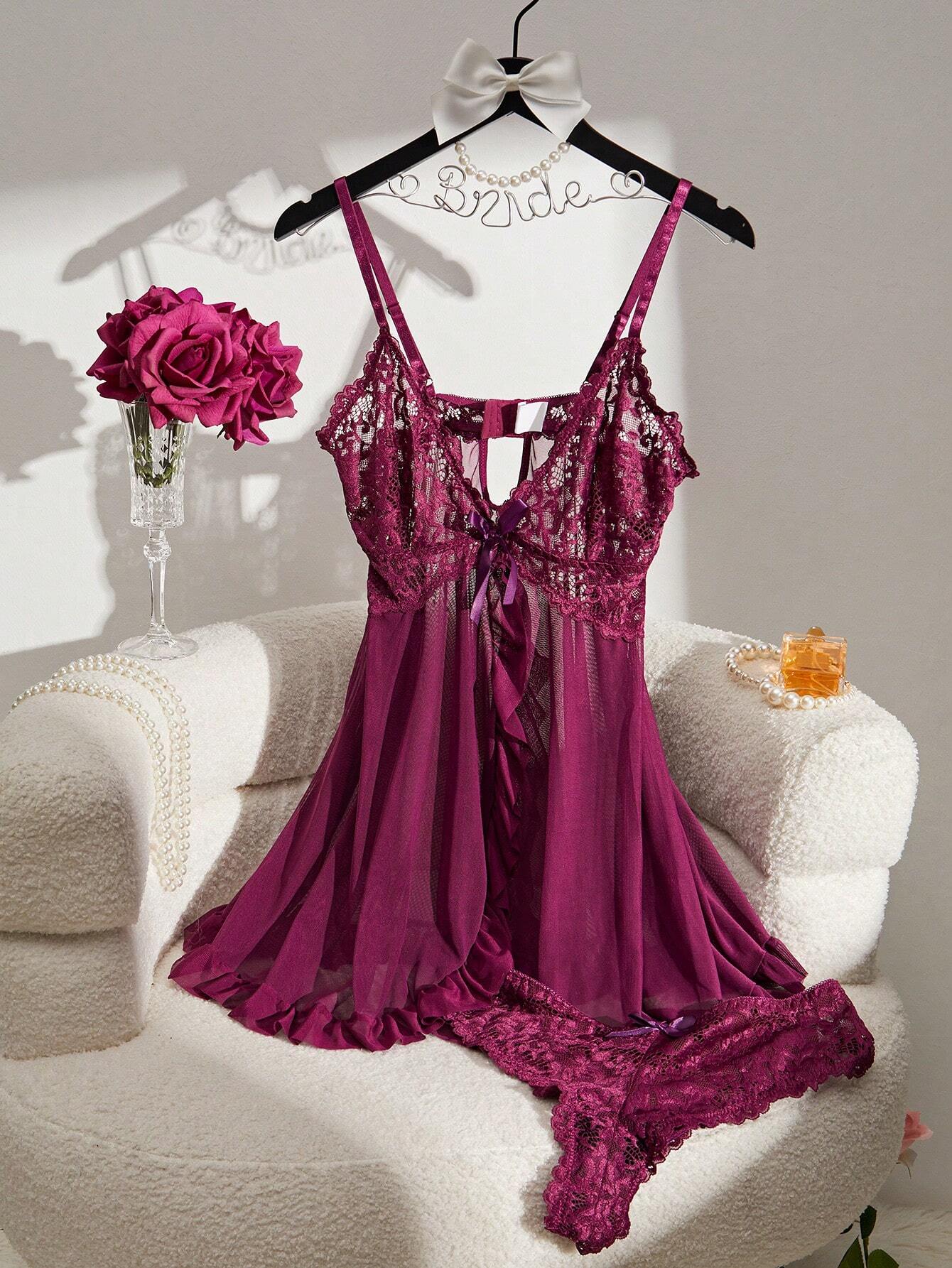 Buy SHEIN Contrast Lace Mesh Babydoll Sexy Lingerie Dress With Thong in Pakistan