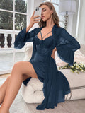 Buy SHEIN Contrast Lace Ruffle Trim Cami Nightdress & Robe PJ Set in Pakistan