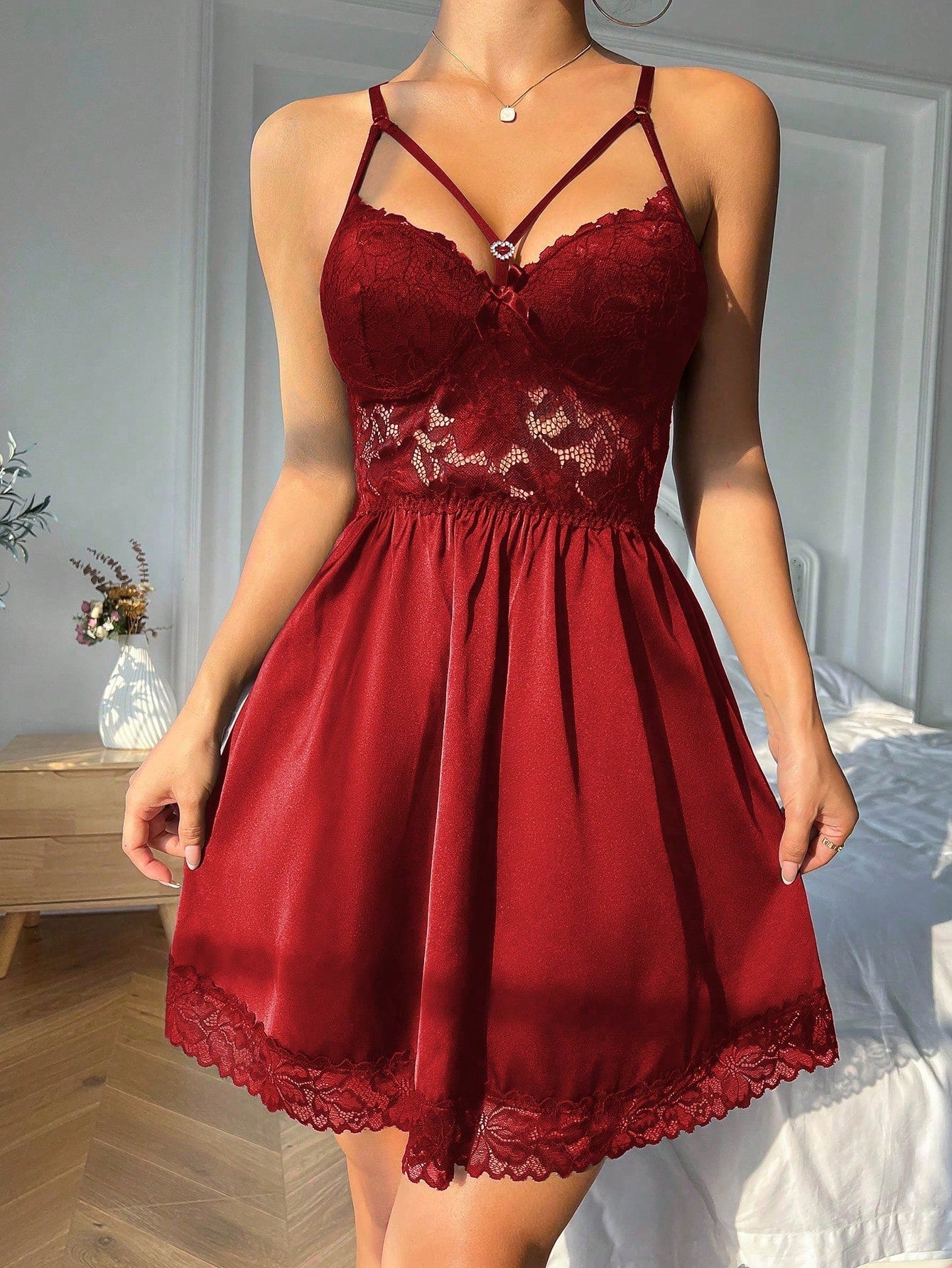 Buy SHEIN Contrast Lace Satin Cami Nightdress in Pakistan