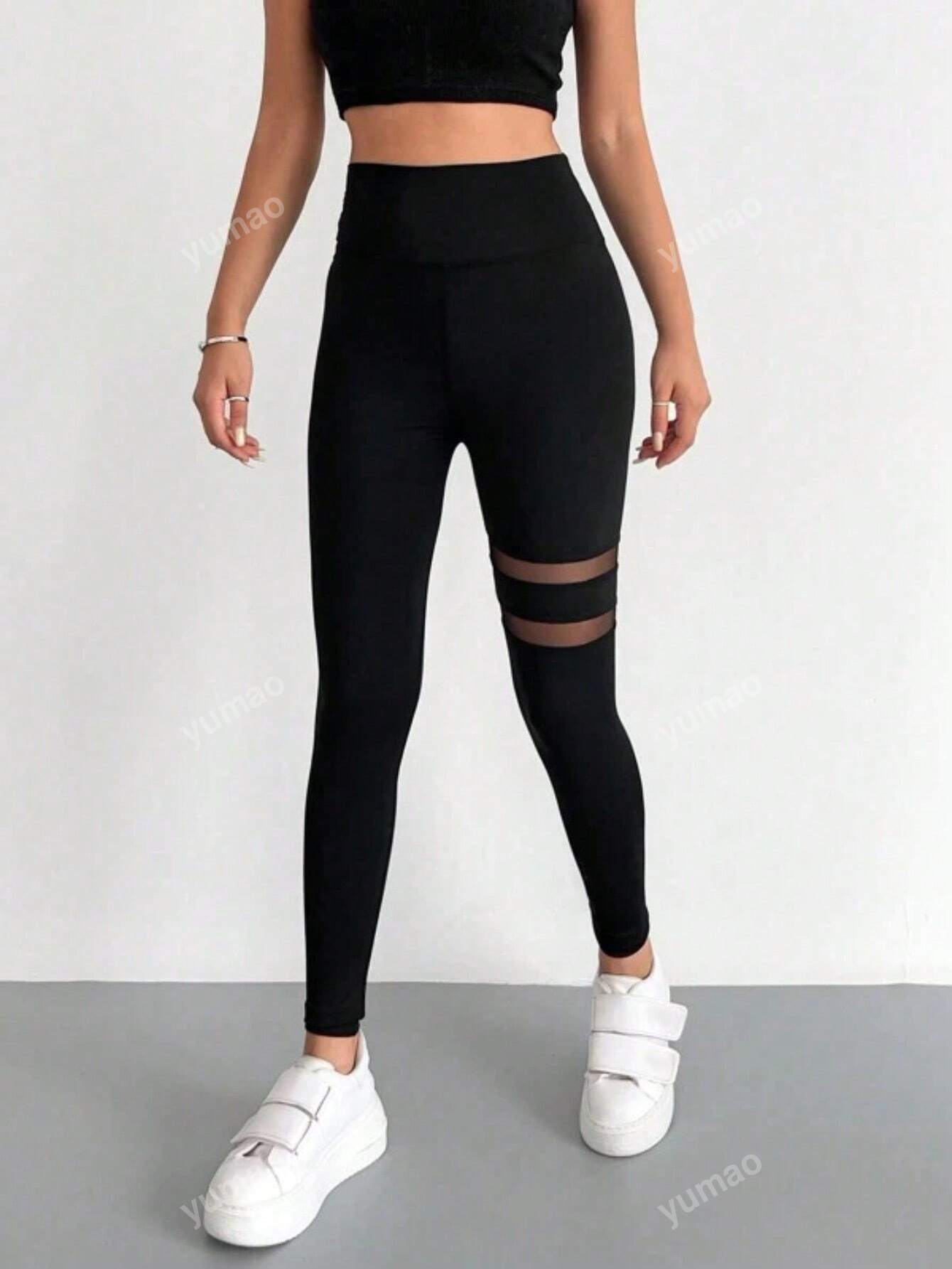 Buy SHEIN Contrast Mesh Solid Skinny Leggings, Elegant High Waist Workout Leggings in Pakistan