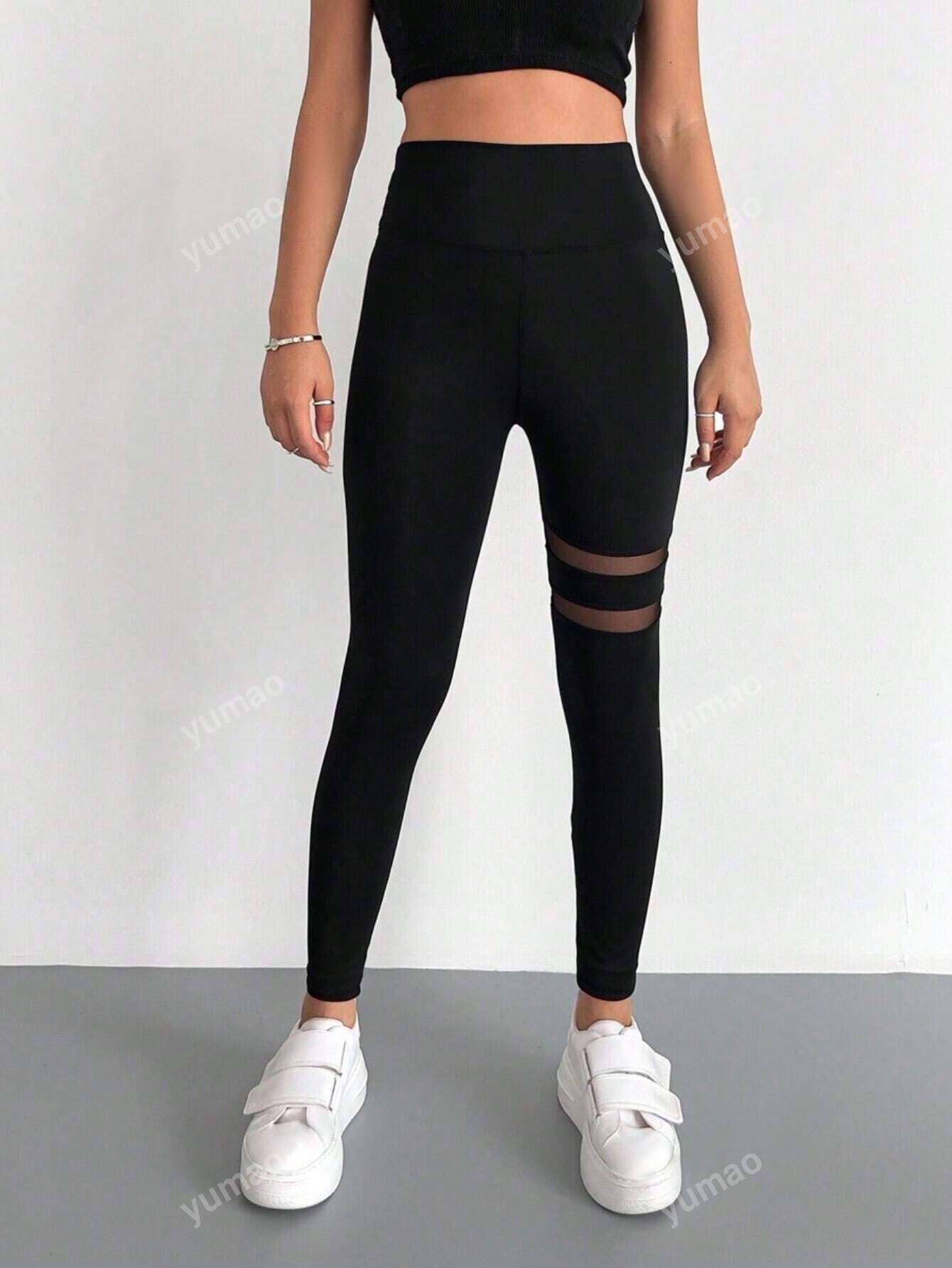 Buy SHEIN Contrast Mesh Solid Skinny Leggings, Elegant High Waist Workout Leggings in Pakistan
