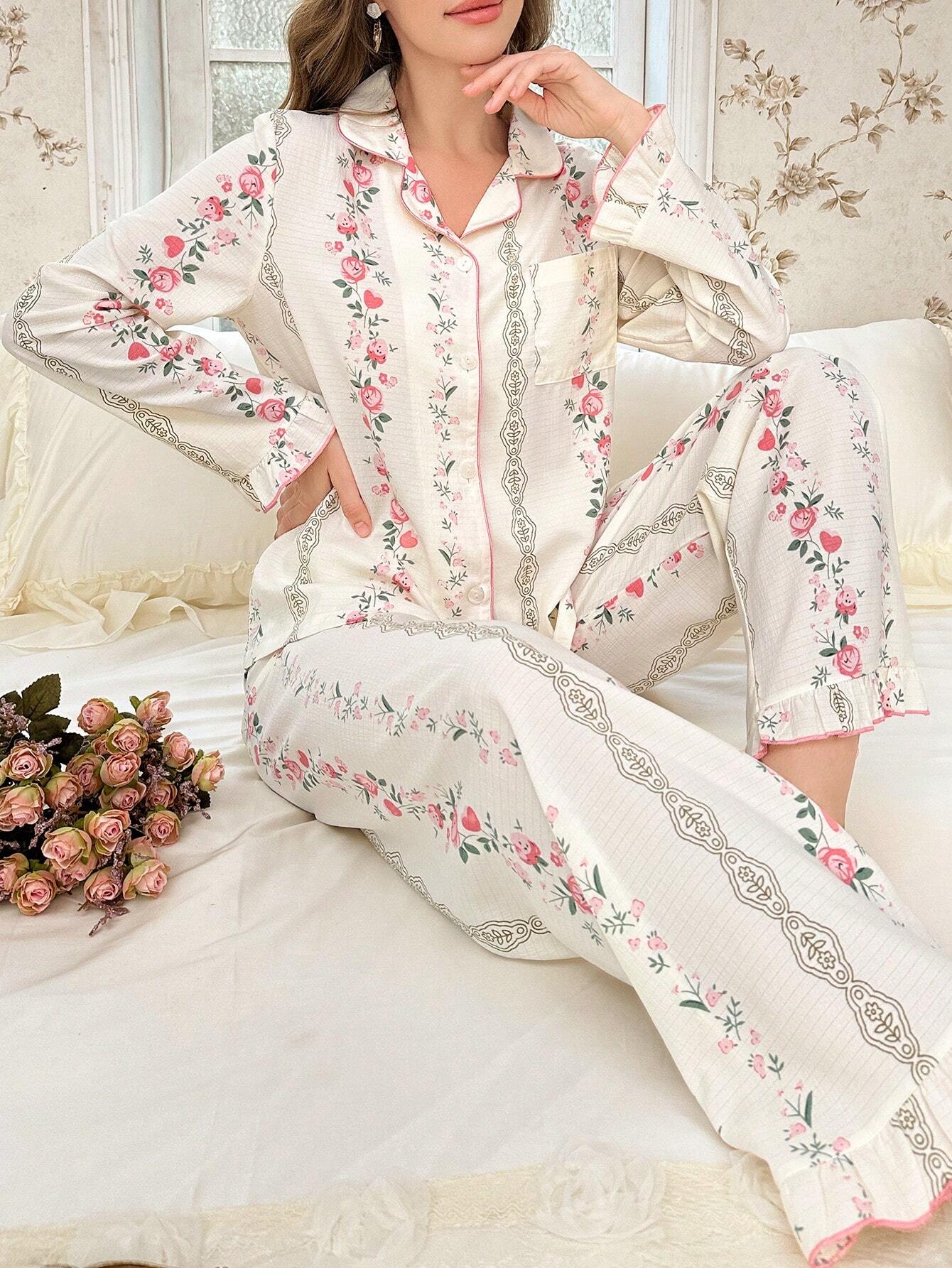 Buy SHEIN CottageSlumber 2pcs/Set Ruffled Collar Open Front Bubble Texture Printed Pajama Set in Pakistan