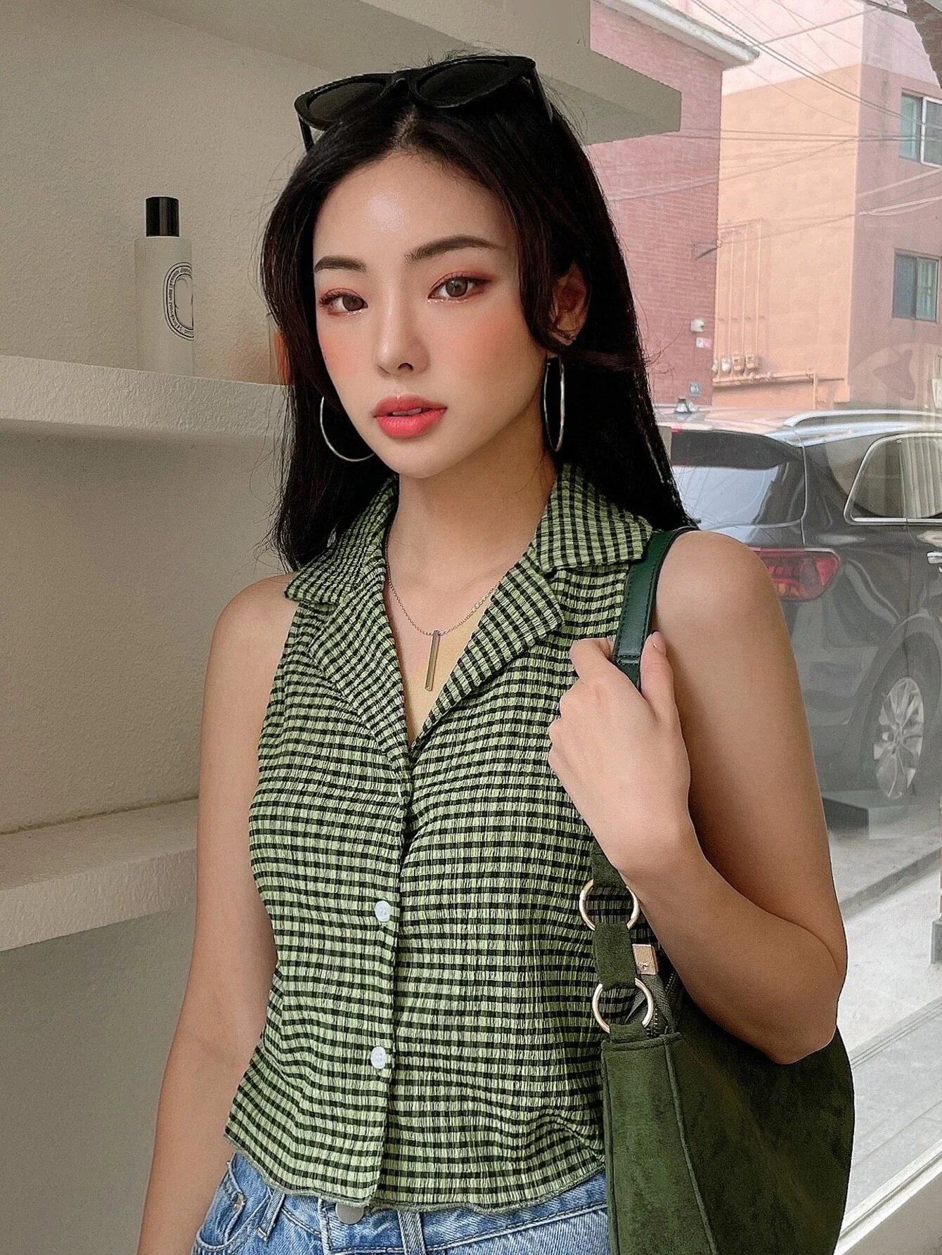 Buy Shein Dazy Plaid Lapel Collar Textured Vest Top in Pakistan