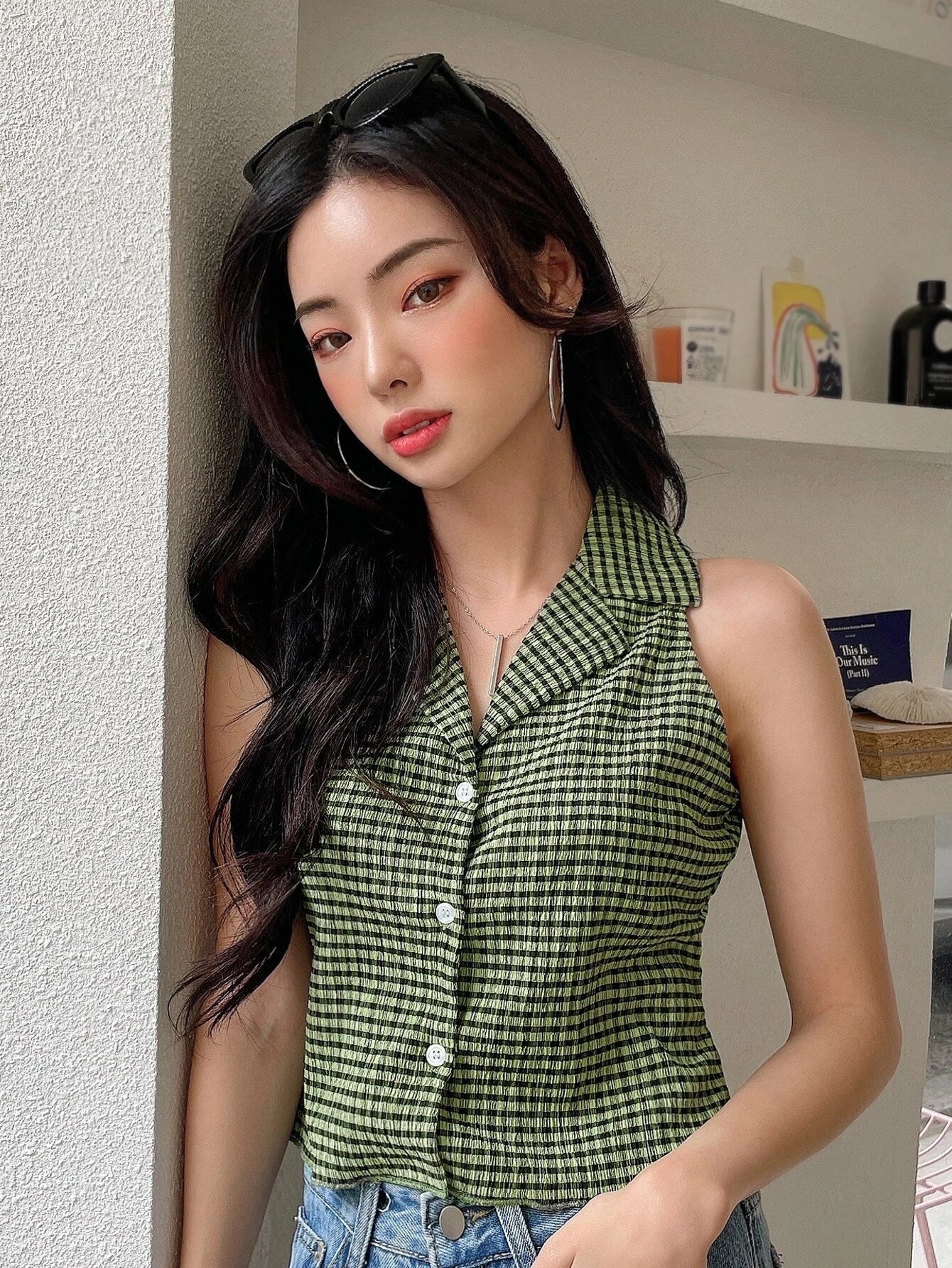 Buy Shein Dazy Plaid Lapel Collar Textured Vest Top in Pakistan