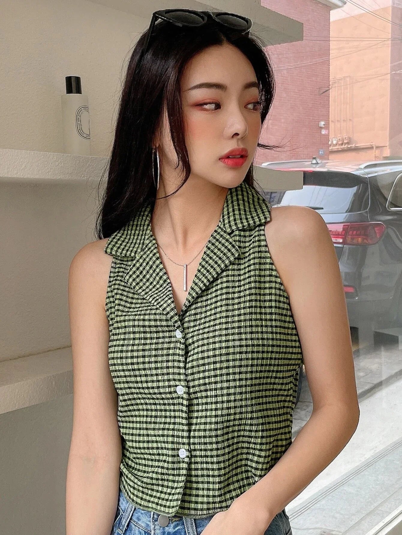 Buy Shein Dazy Plaid Lapel Collar Textured Vest Top in Pakistan