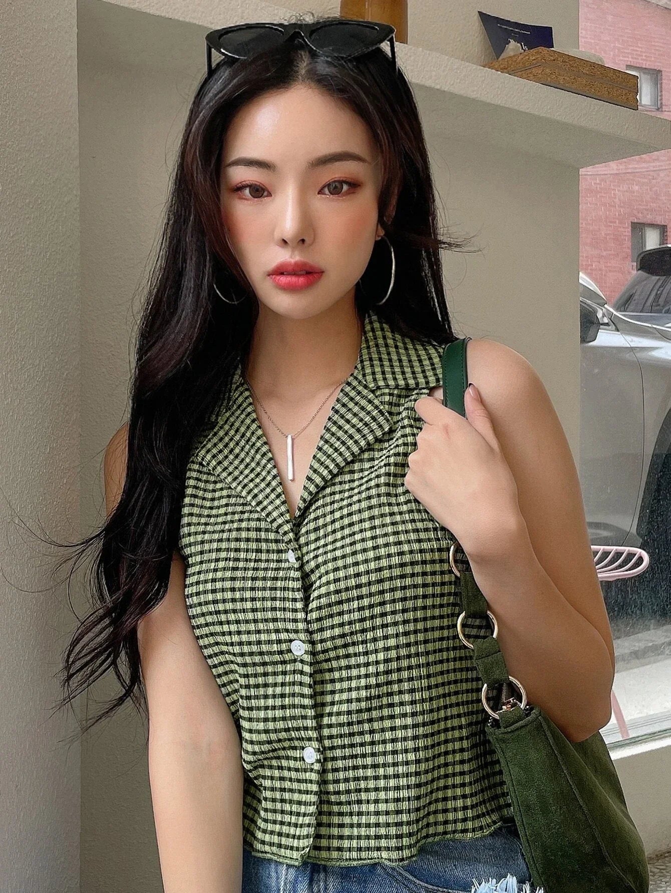 Buy Shein Dazy Plaid Lapel Collar Textured Vest Top in Pakistan