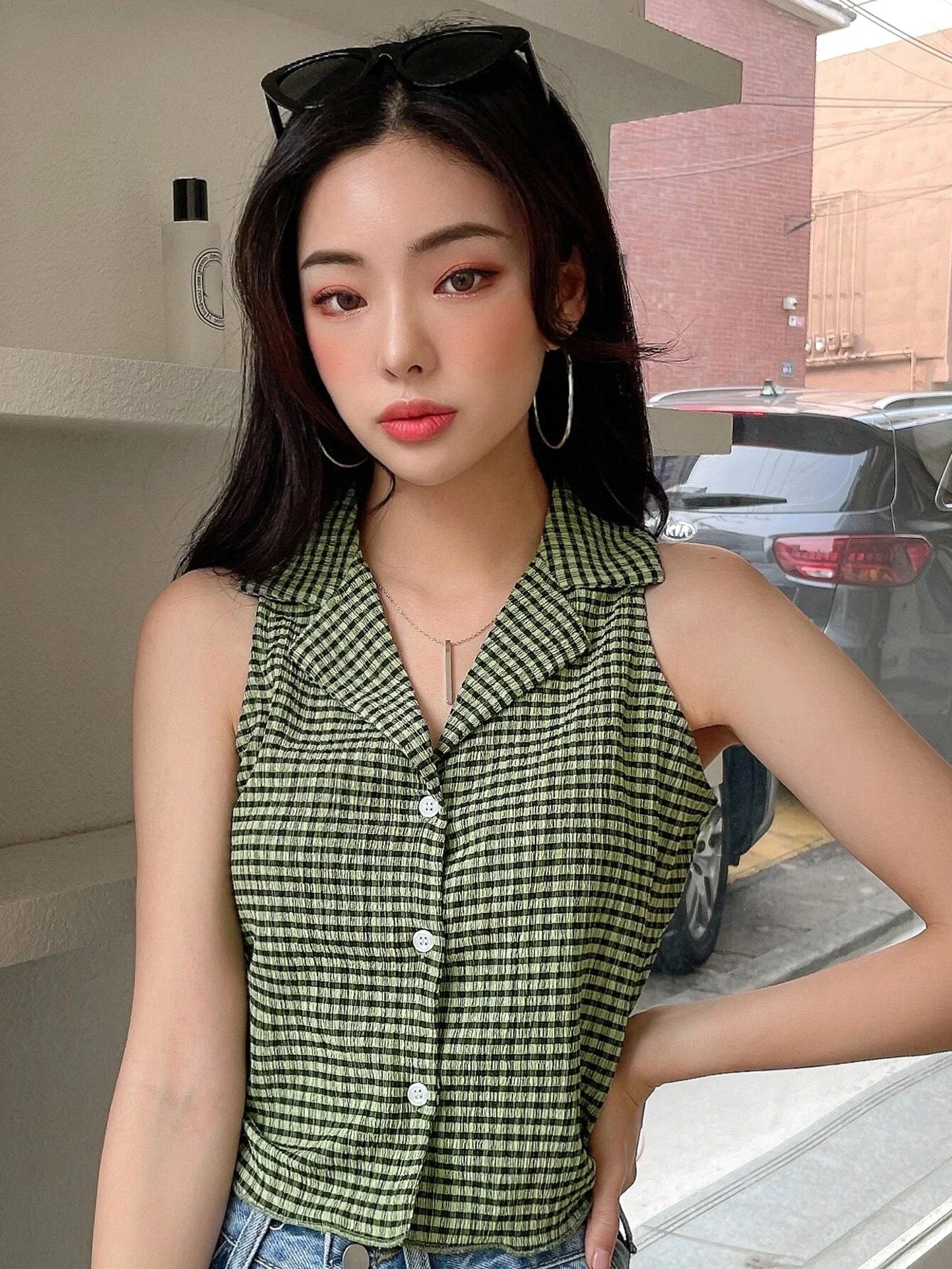 Buy Shein Dazy Plaid Lapel Collar Textured Vest Top in Pakistan