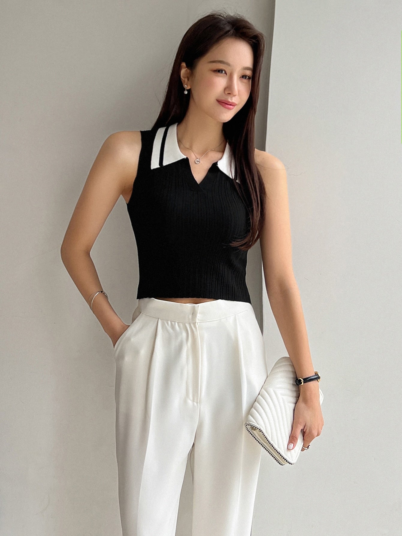 Buy SHEIN DAZY Contrast Collar Ribbed Knit Top in Pakistan