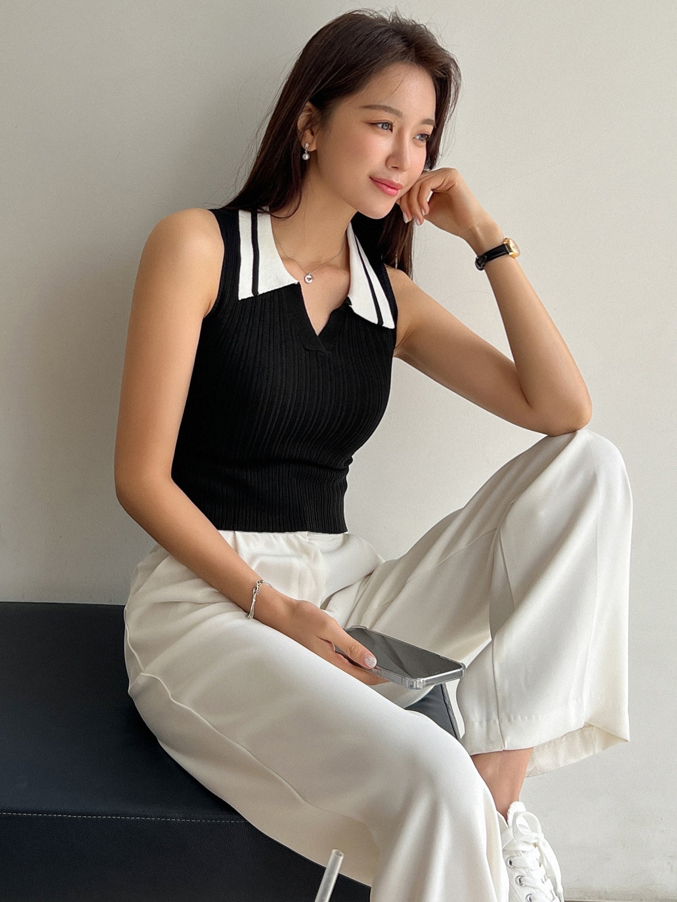 Buy SHEIN DAZY Contrast Collar Ribbed Knit Top in Pakistan