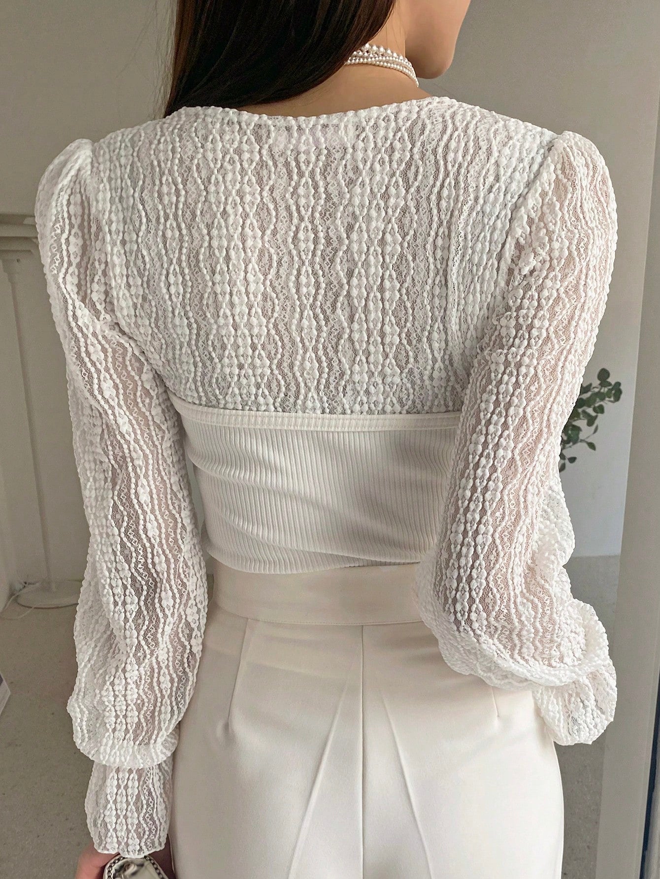 Buy SHEIN DAZY Contrast Lace Flounce Sleeve Sweetheart Neck Top in Pakistan