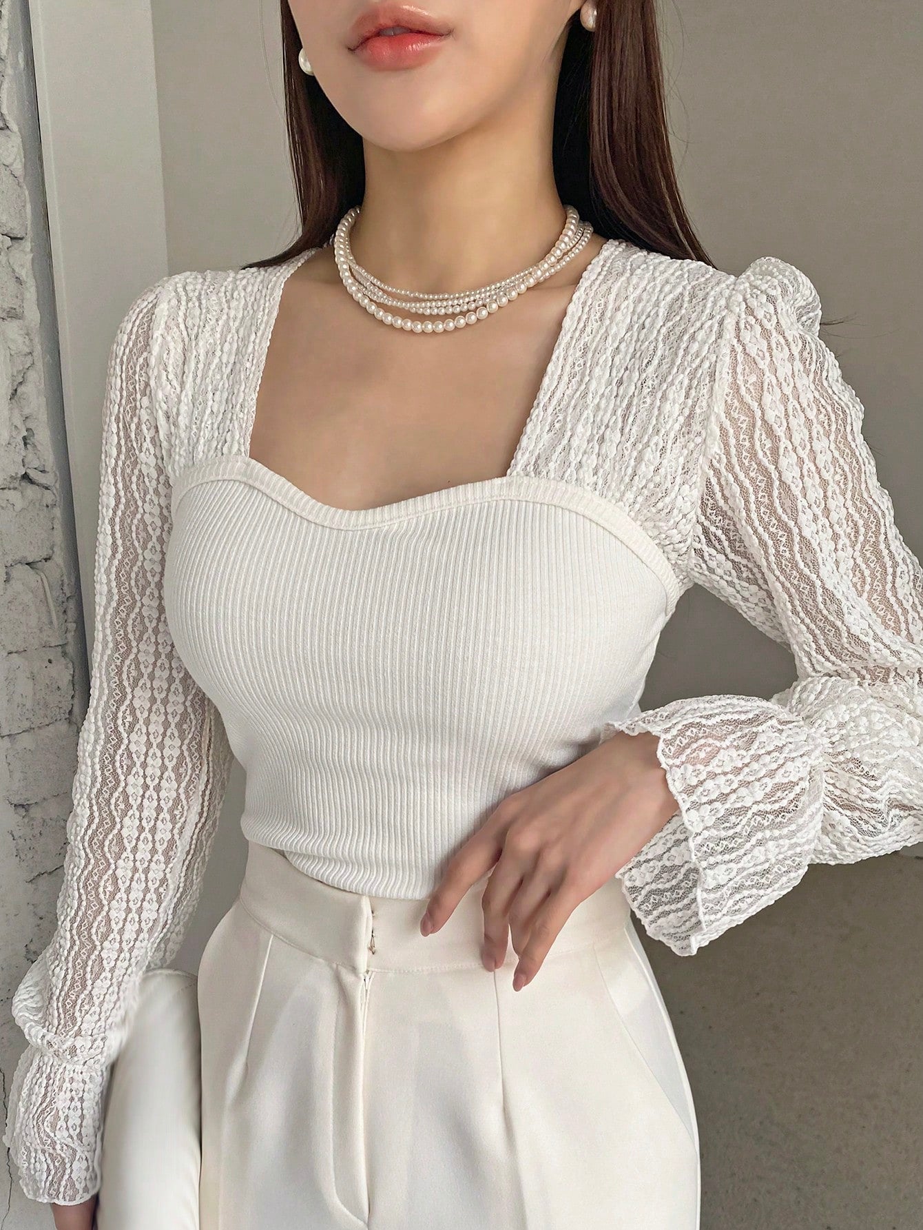 Buy SHEIN DAZY Contrast Lace Flounce Sleeve Sweetheart Neck Top in Pakistan