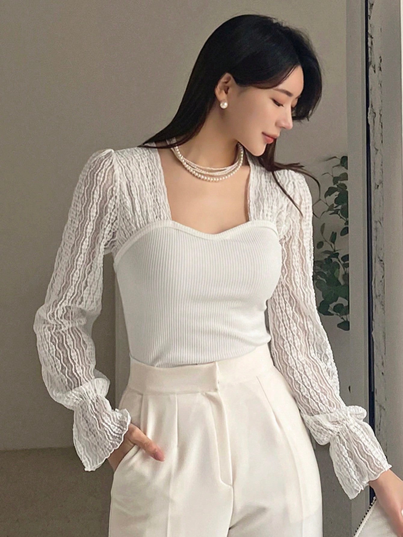 Buy SHEIN DAZY Contrast Lace Flounce Sleeve Sweetheart Neck Top in Pakistan