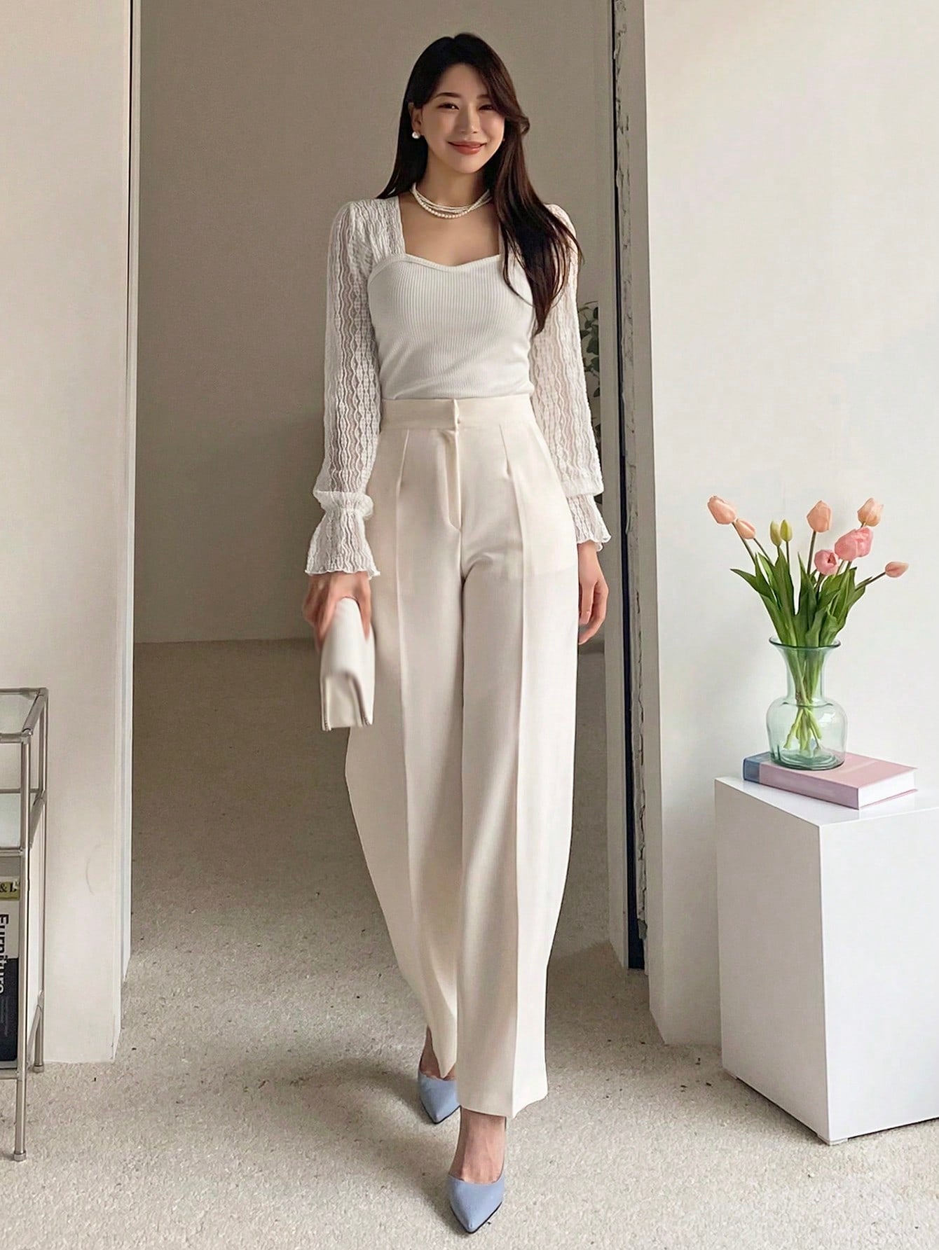 Buy SHEIN DAZY Contrast Lace Flounce Sleeve Sweetheart Neck Top in Pakistan