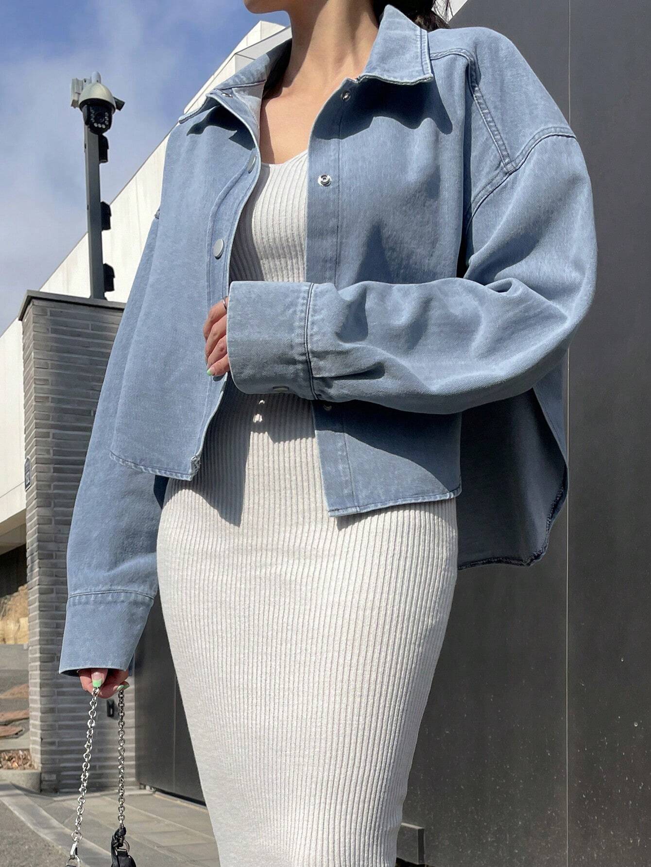 Buy SHEIN DAZY Drop Shoulder Button Front Denim Shirt in Pakistan