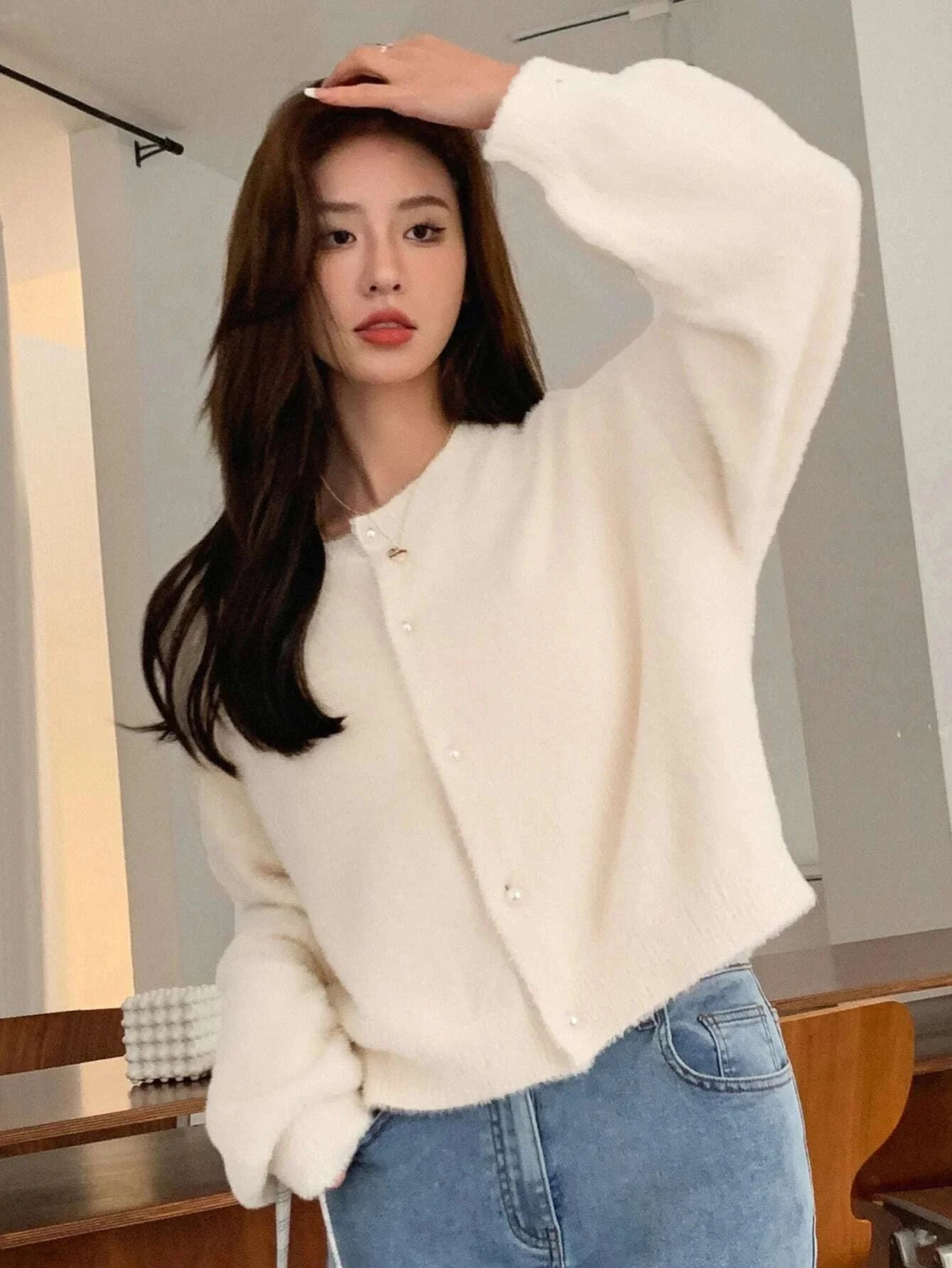 Buy SHEIN DAZY Drop Shoulder Fluffy Knit Button Front Cardigan in Pakistan