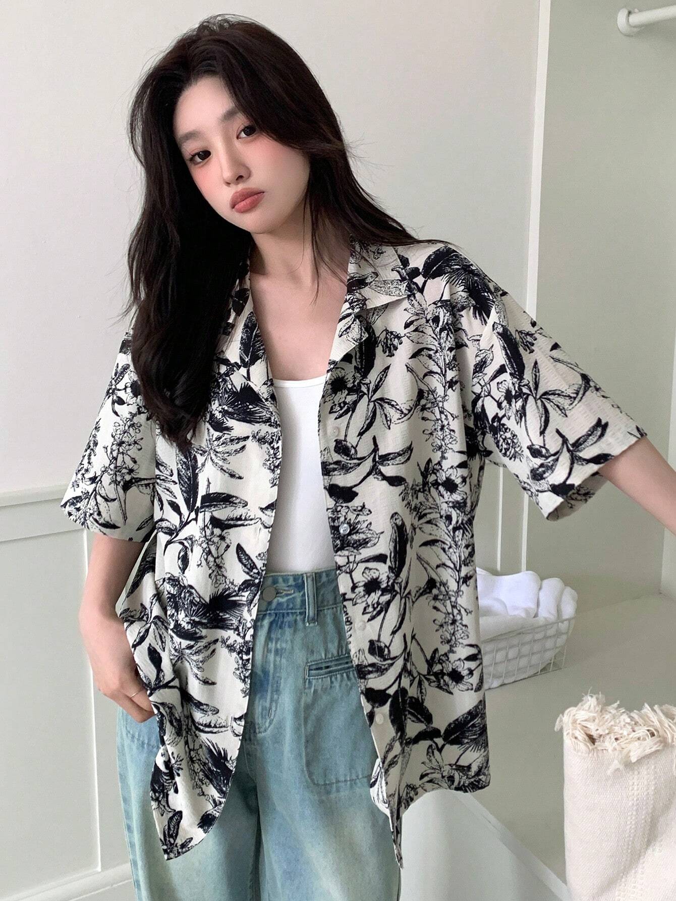 Buy SHEIN DAZY Floral Print Button-Down Short Sleeve Shirt in Pakistan