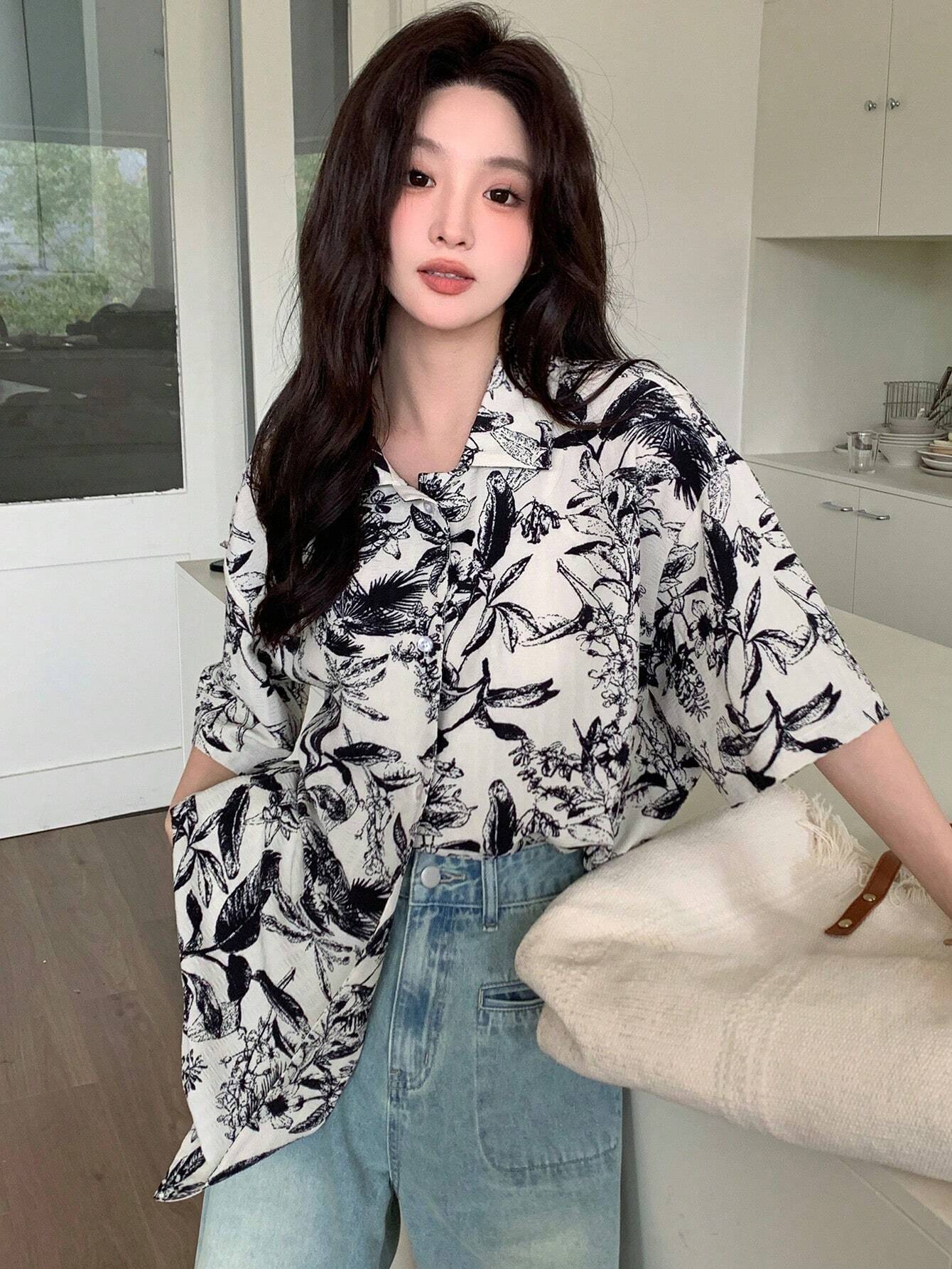 Buy SHEIN DAZY Floral Print Button-Down Short Sleeve Shirt in Pakistan