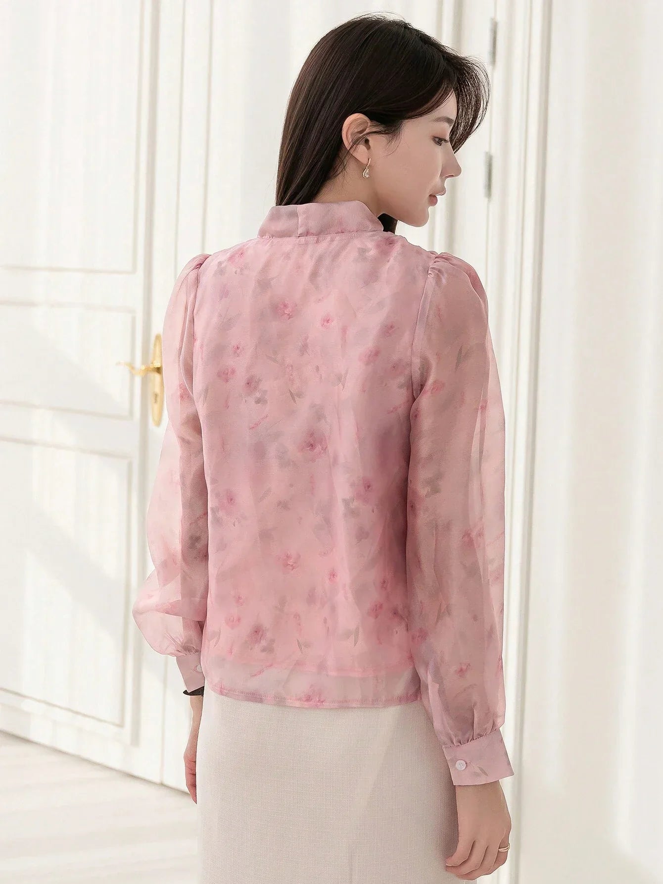 Buy SHEIN DAZY Floral Print Collar Bow Tie Decorated Long Sleeve Shirt in Pakistan